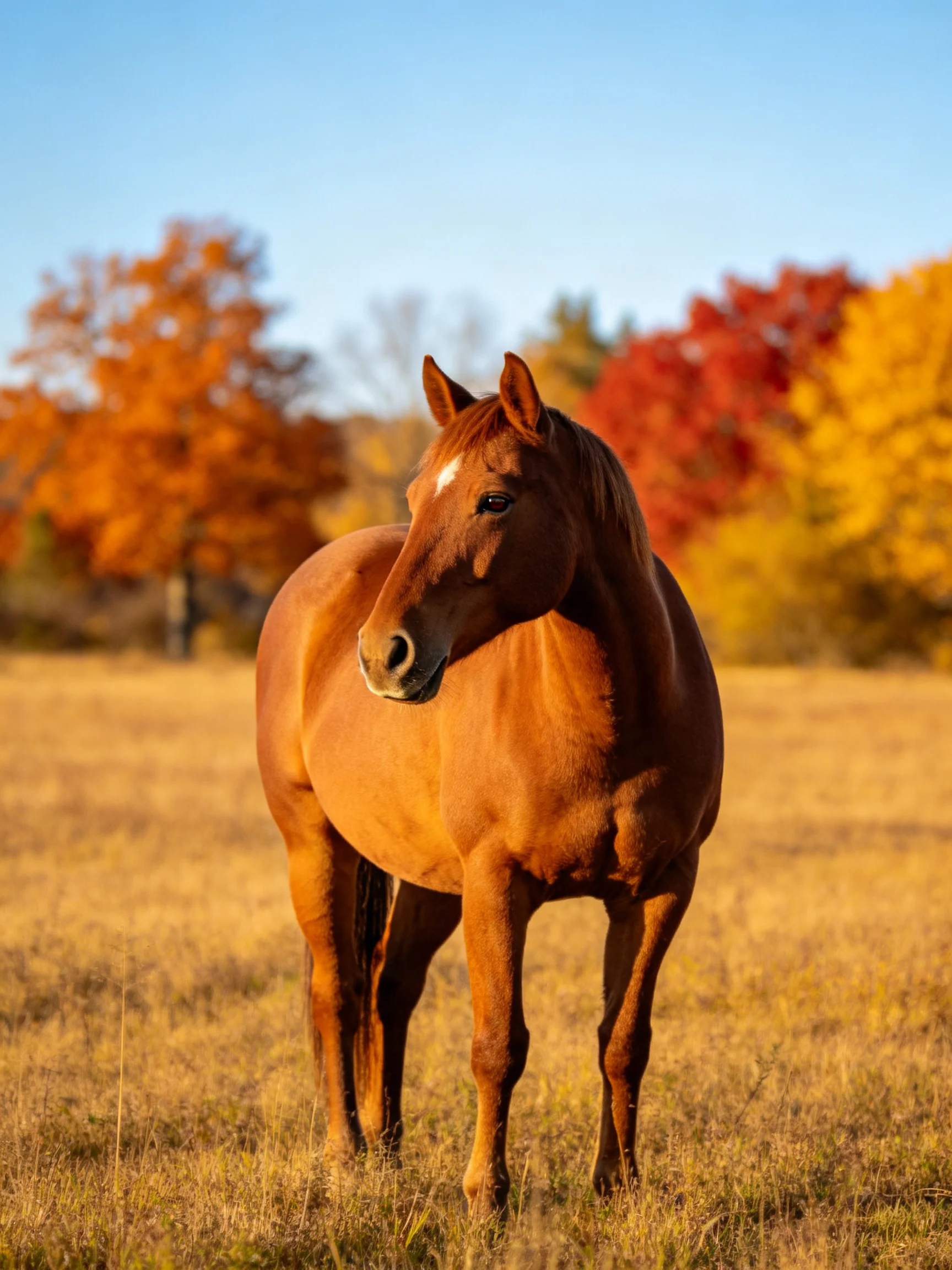 A chestnut horse stands in an autumn field with colorful trees in it
