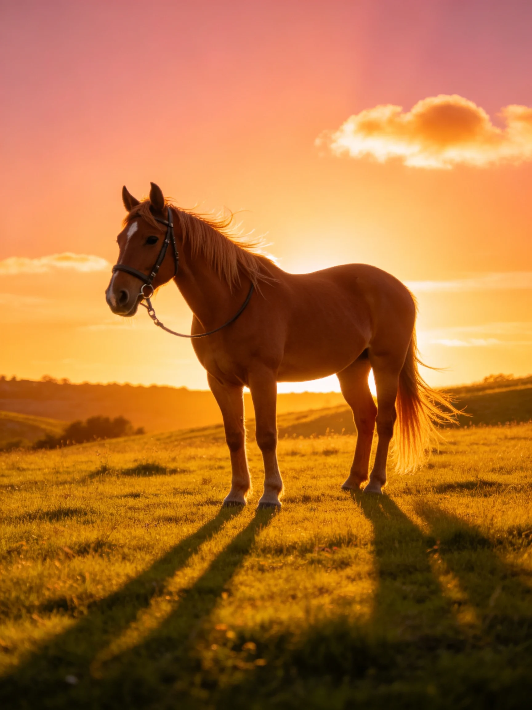 A chestnut horse stands in a golden field as the sun sets.