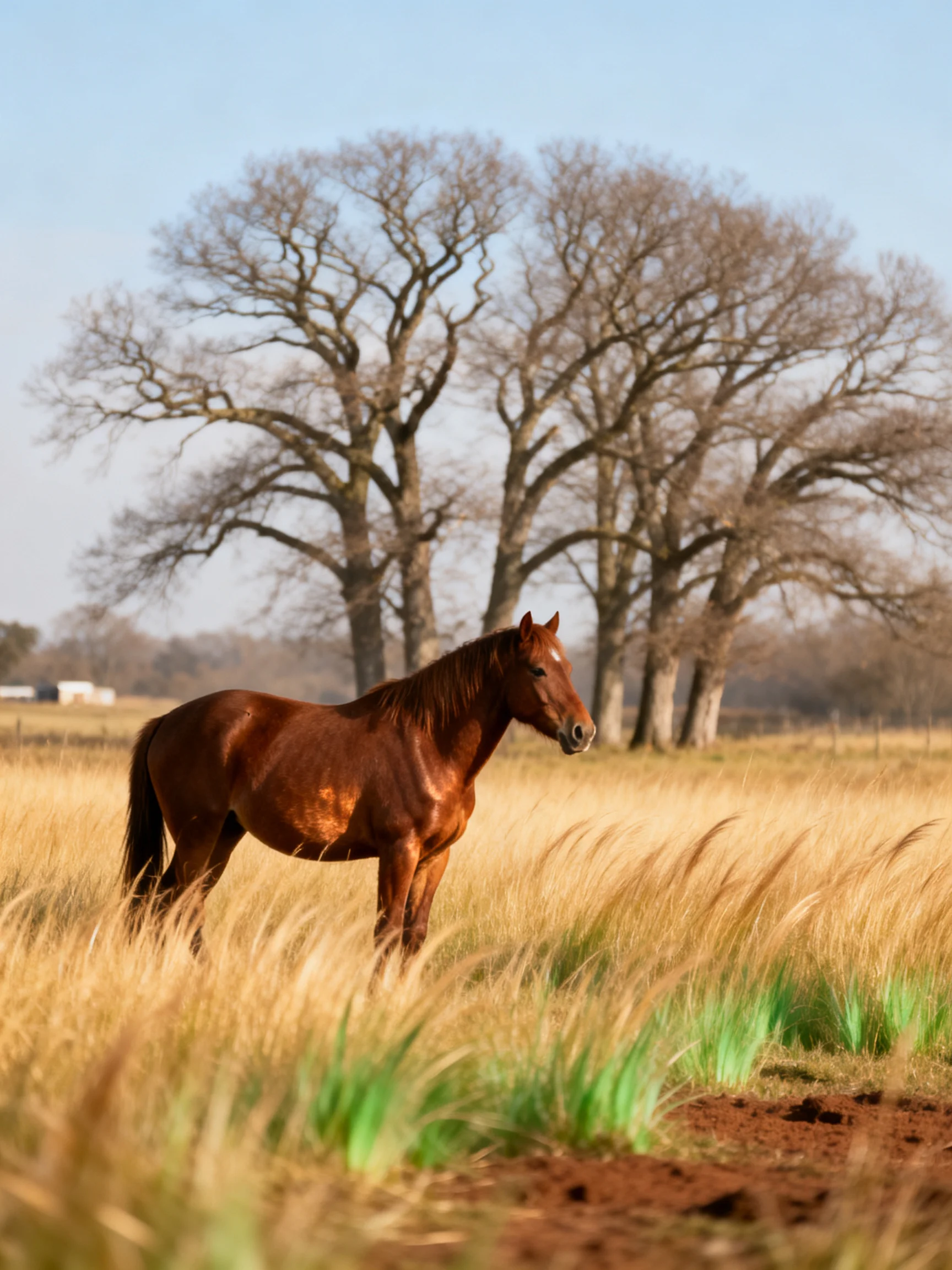 A brown horse stands in golden grass with large leafless trees in the background