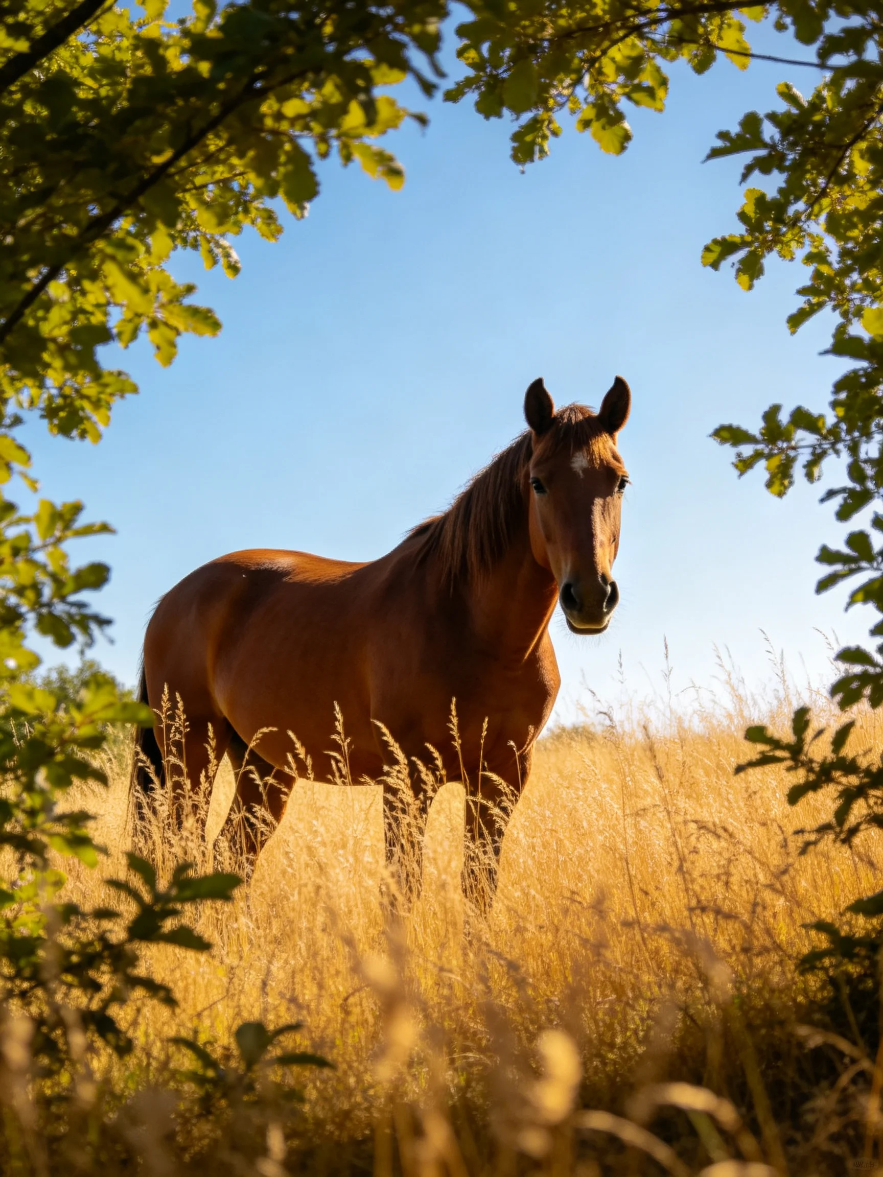 A chestnut horse stands in a sunlit meadow with tall golden grass.