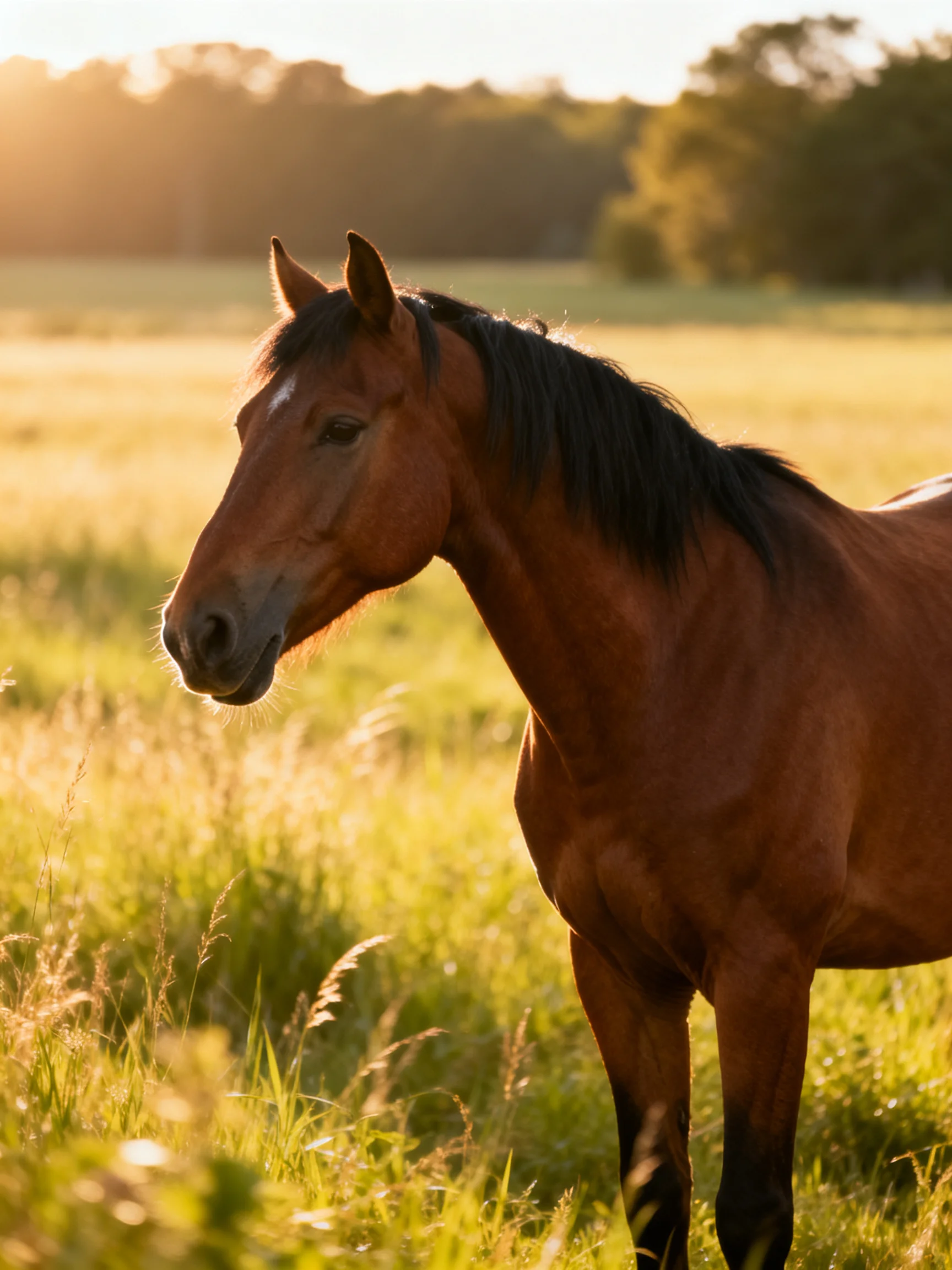 A chestnut horse stands peacefully in a sunlit meadow.