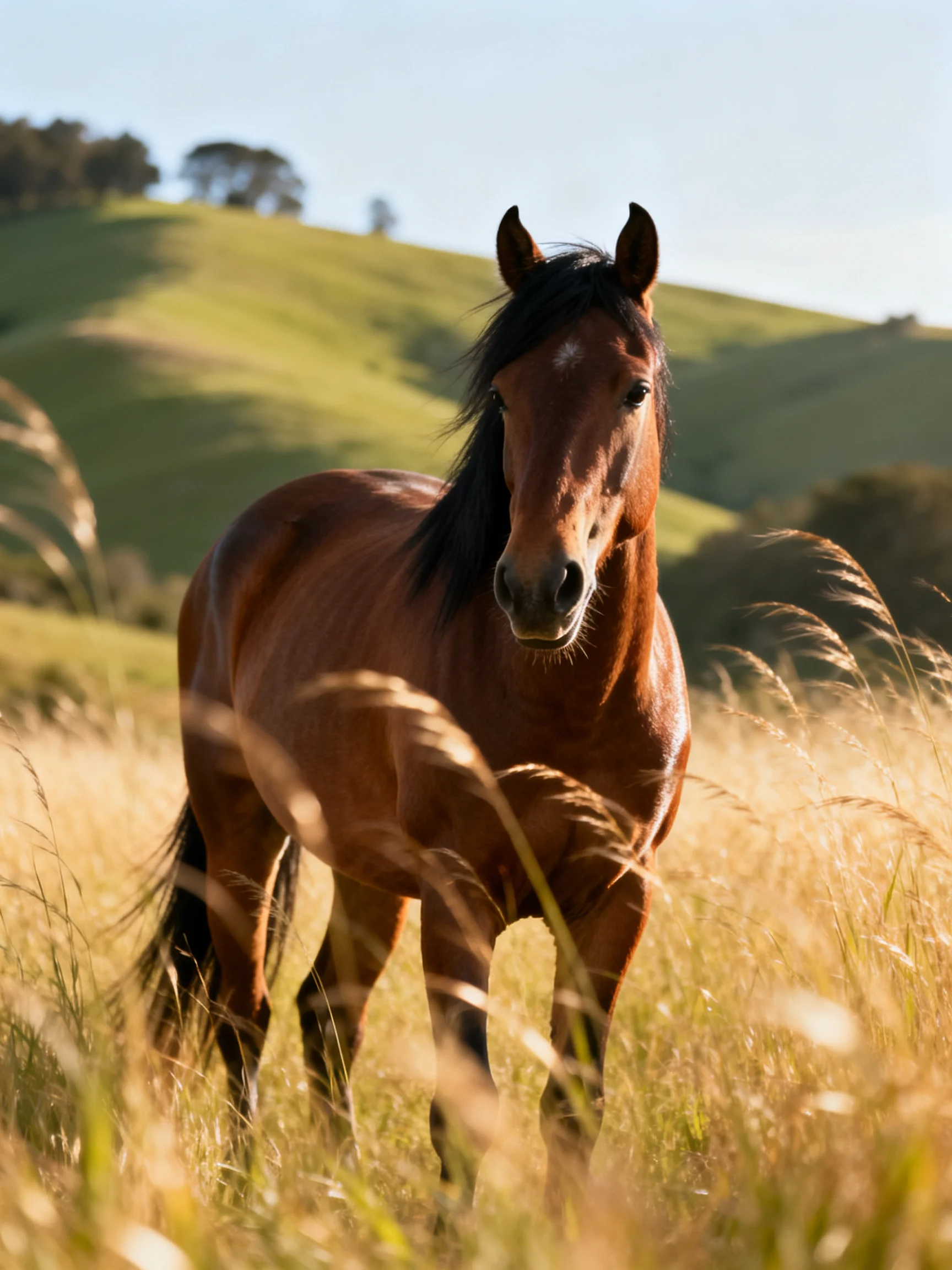 A chestnut horse stands in a sunlit meadow with rolling green hills.