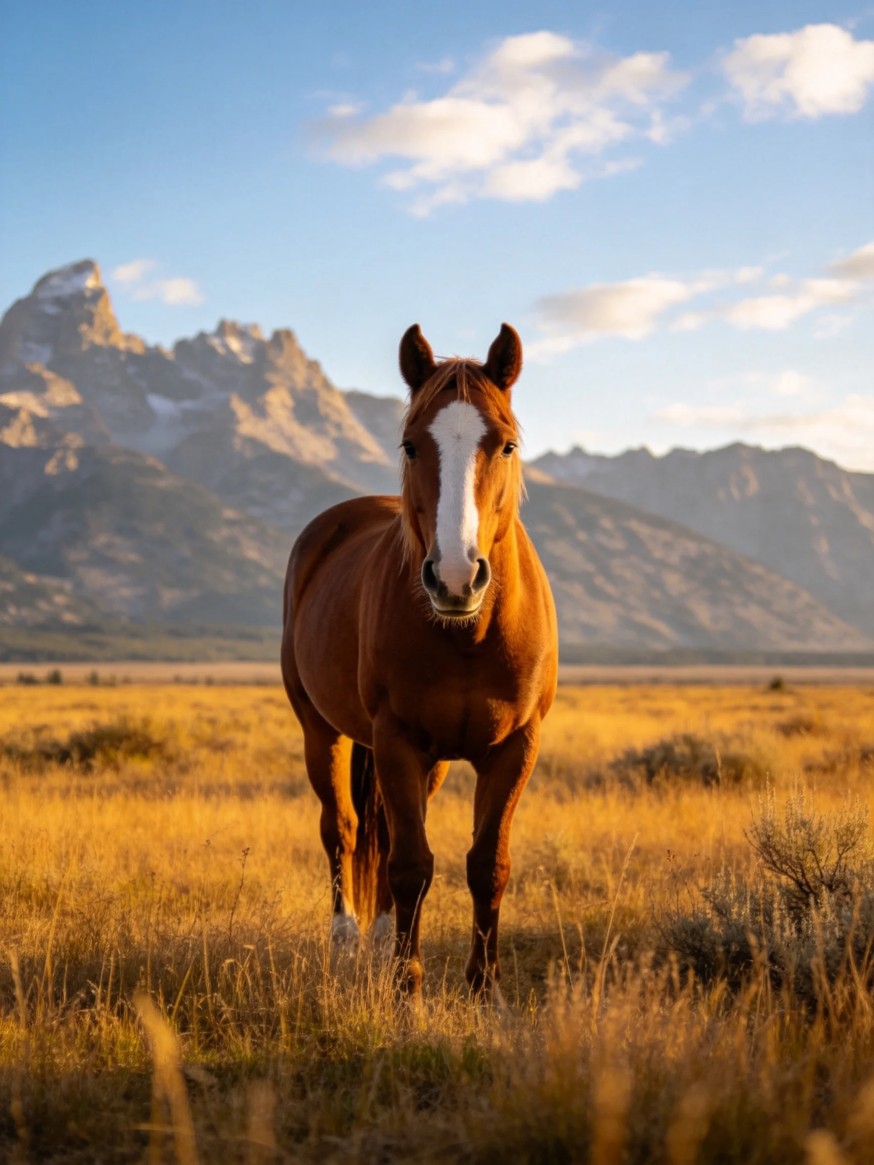 A chestnut horse stands in a golden meadow with rugged mountains in the distance.