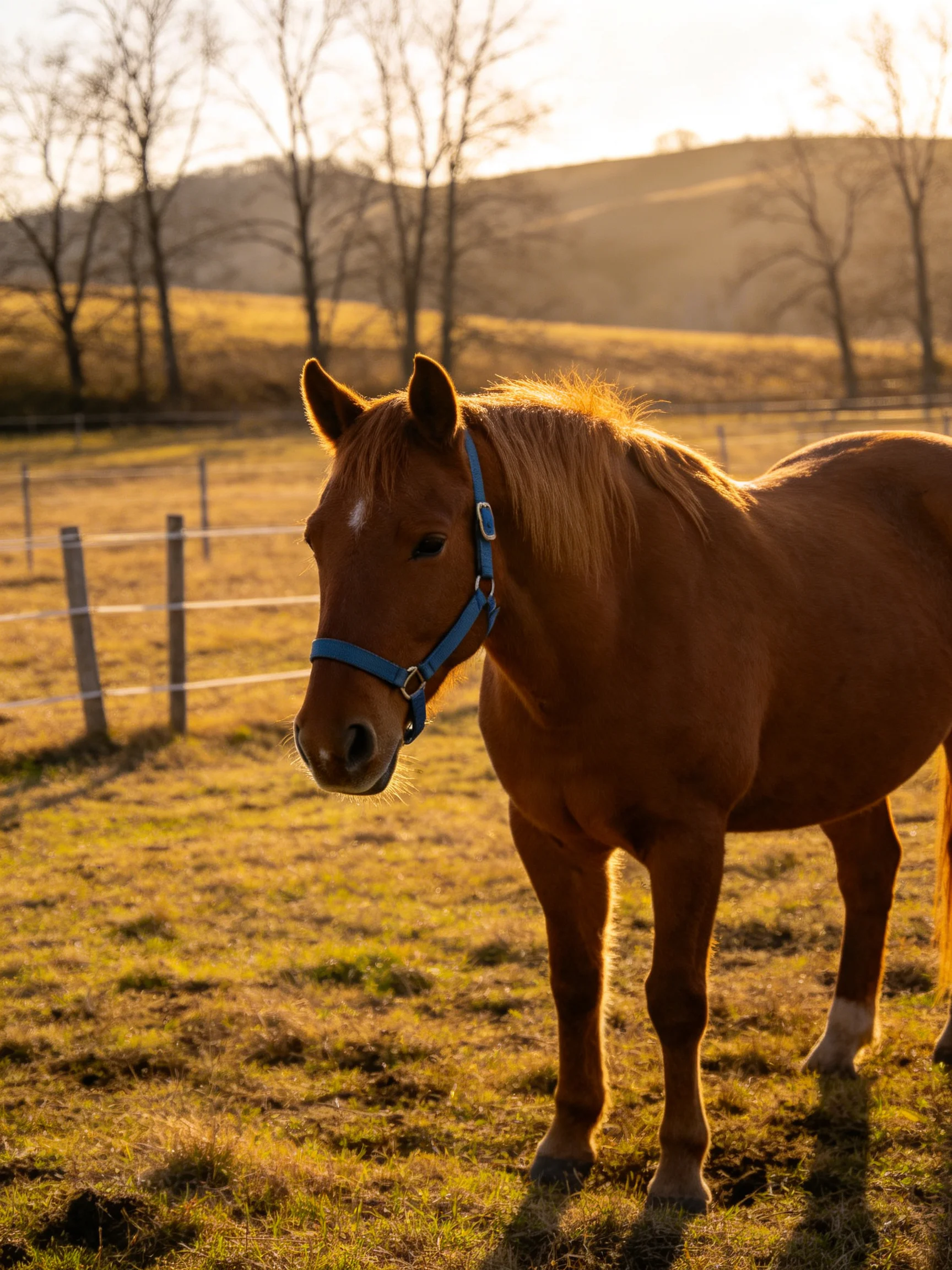 A chestnut horse stands in a sunlit pasture near fences and trees.