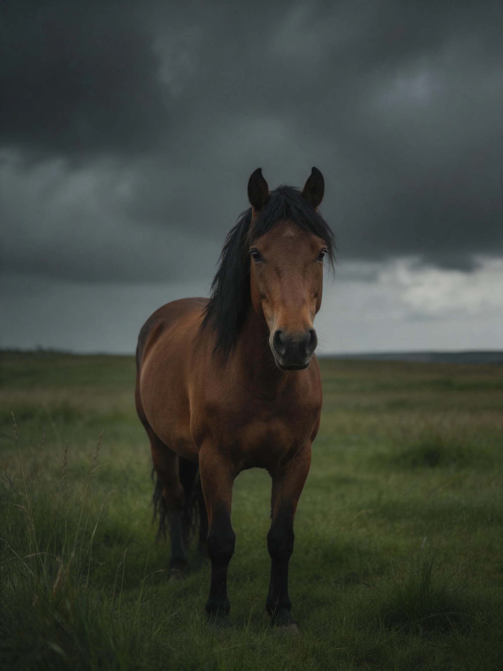 A chestnut horse stands in a grassy field under dark stormy skies