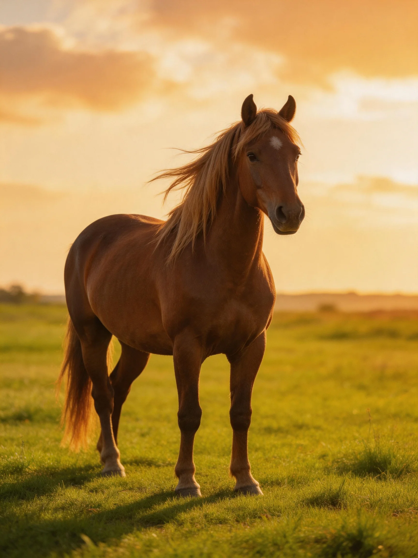 A chestnut horse stands peacefully in a sunlit meadow at sunset.