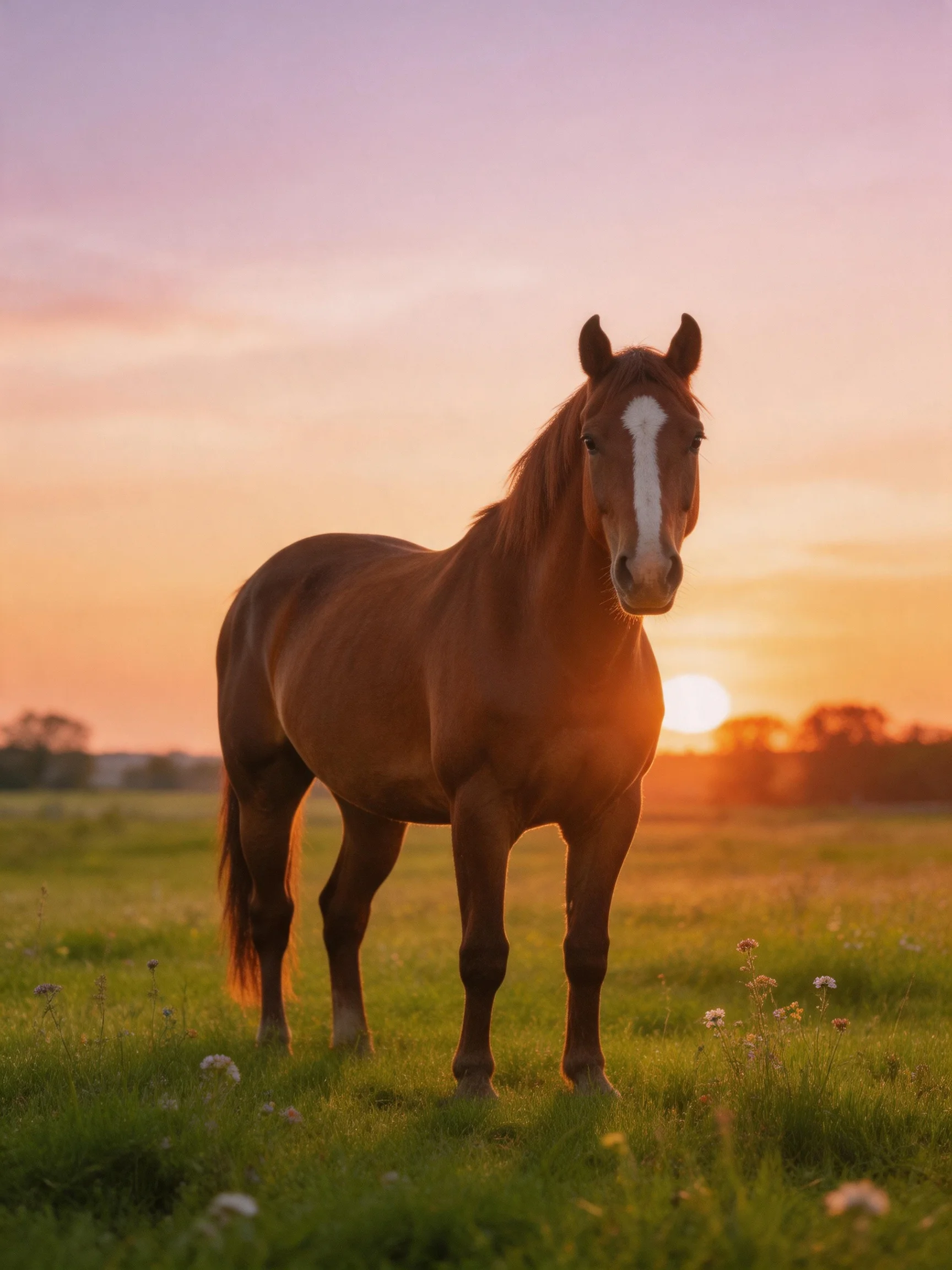A chestnut horse stands in a grassy field as the sun sets near distant trees.