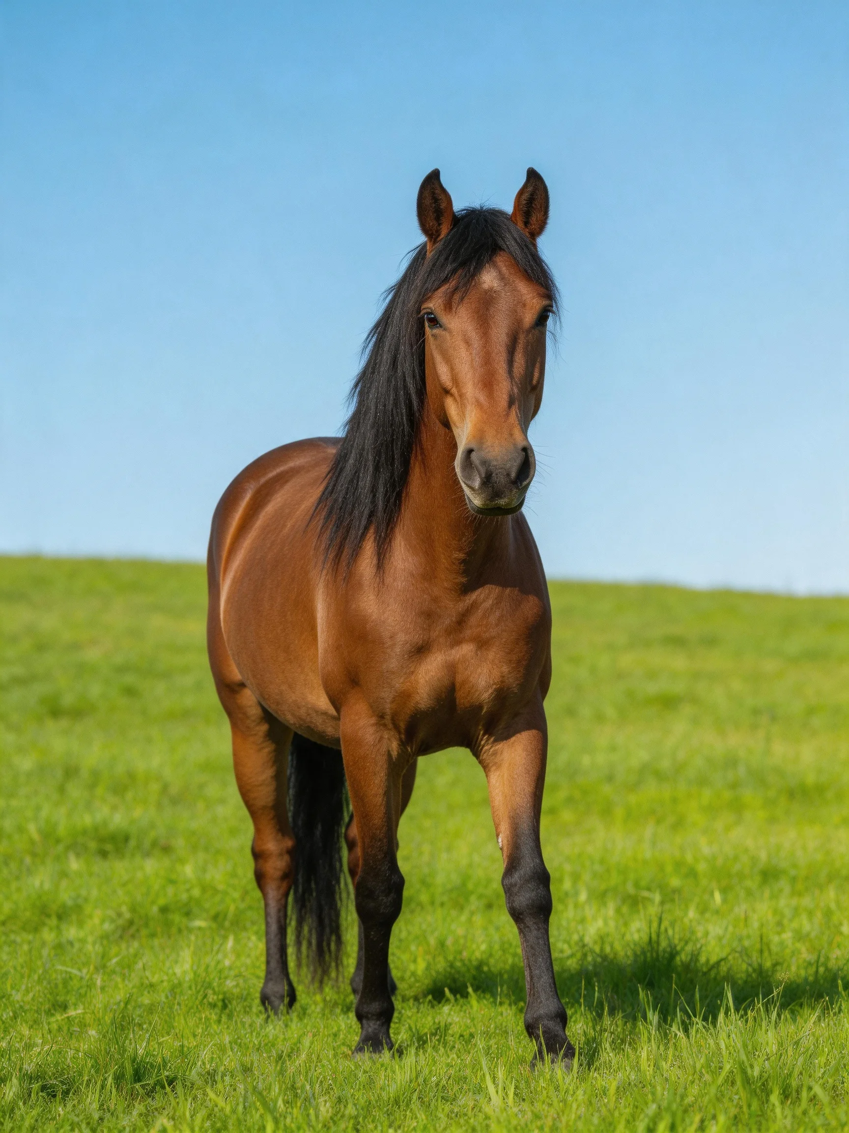 A chestnut horse stands in a lush green meadow beneath a clear blue sky