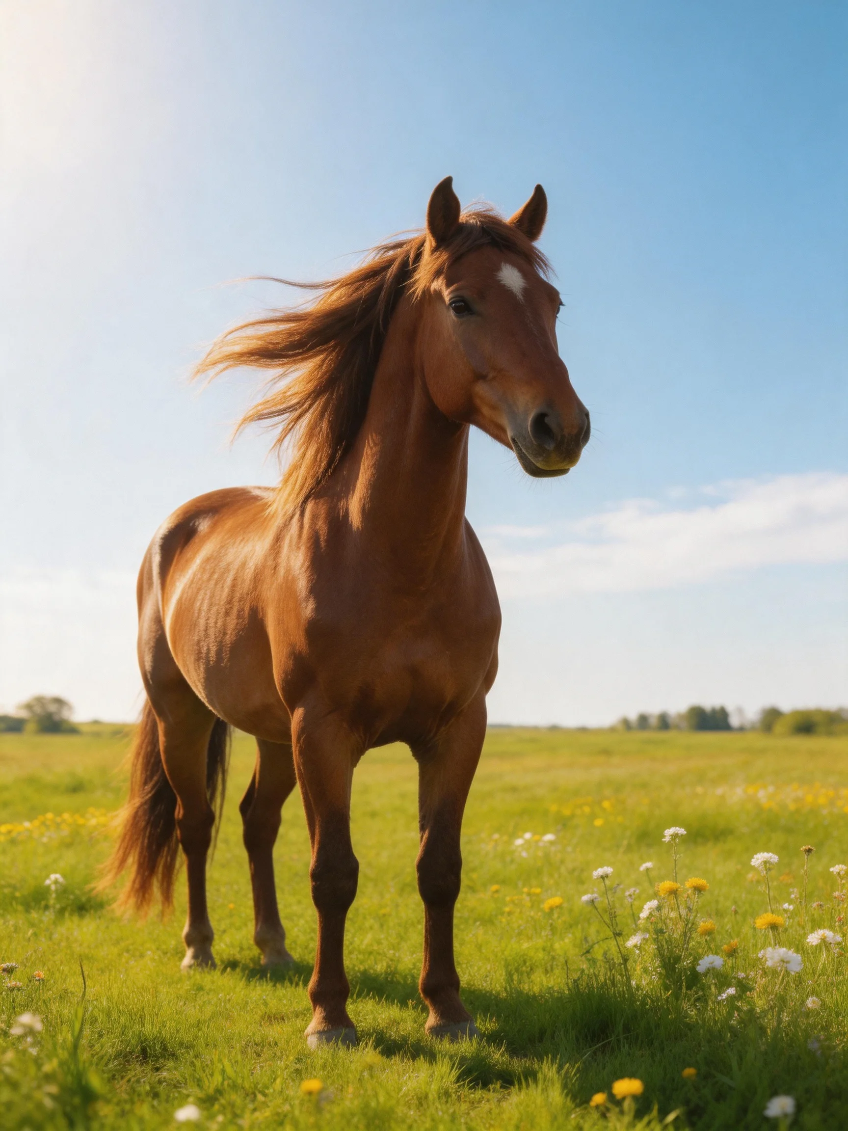 A chestnut horse stands in a sunlit meadow dotted with wildflowers.