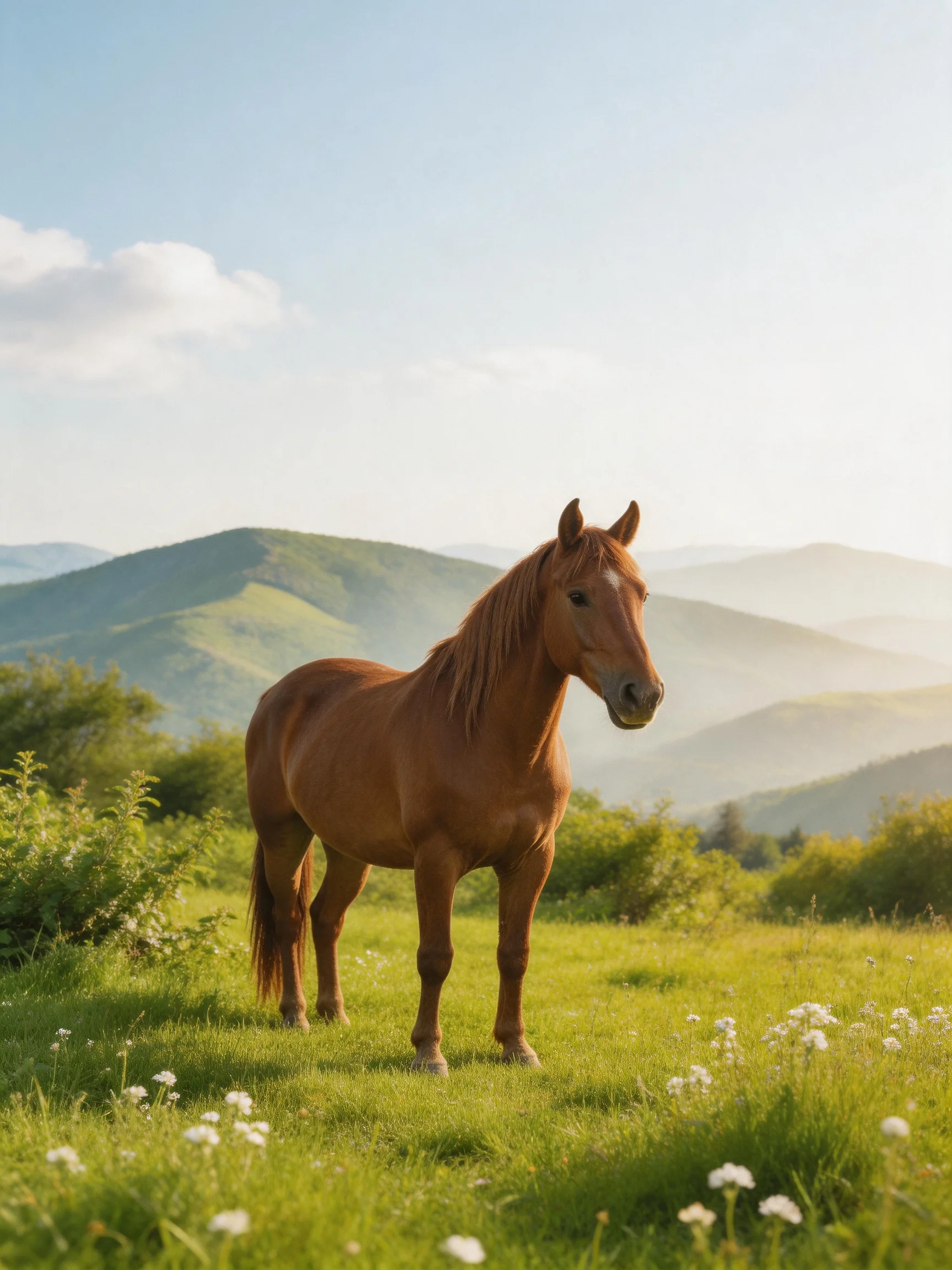 A chestnut horse stands in a sunlit meadow with distant mountains