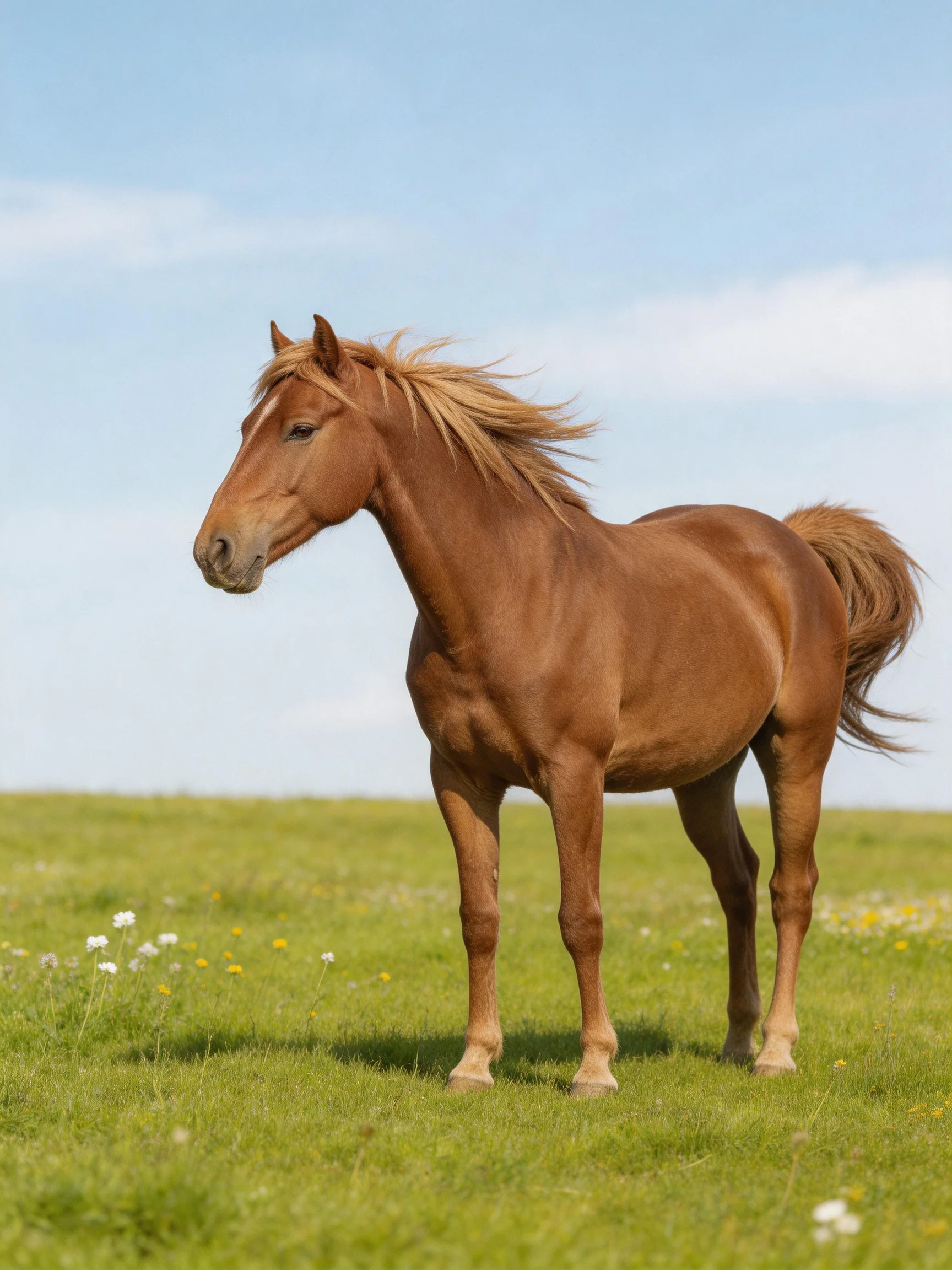 A chestnut horse stands calmly in a sunlit green meadow.