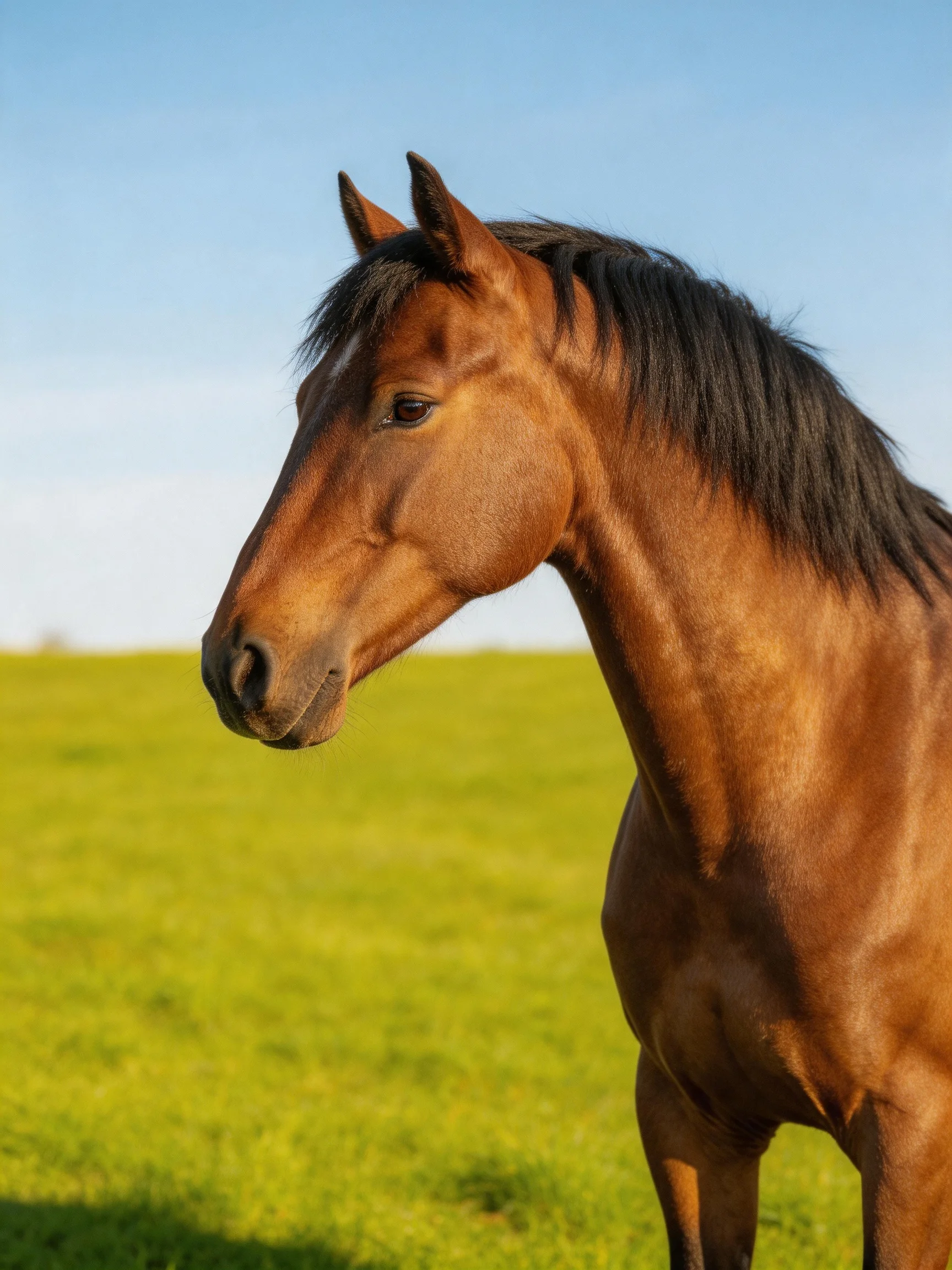 A chestnut horse stands in a sunlit green meadow.