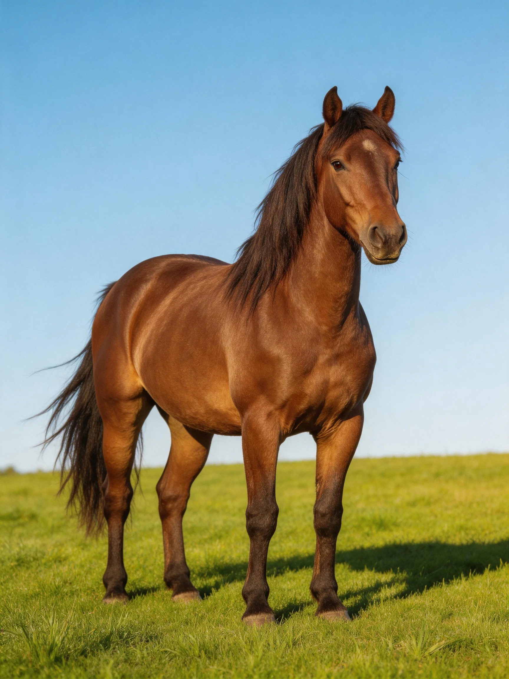 A chestnut horse stands in a lush green meadow under bright blue sky