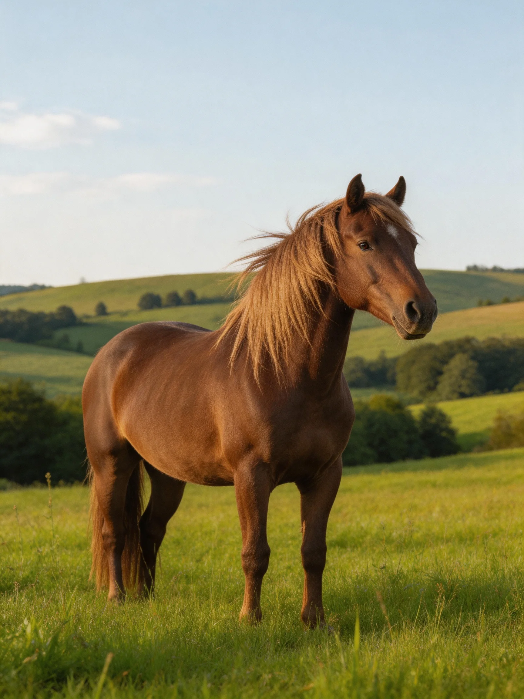 A chestnut horse stands in a sunlit meadow with rolling green hills.