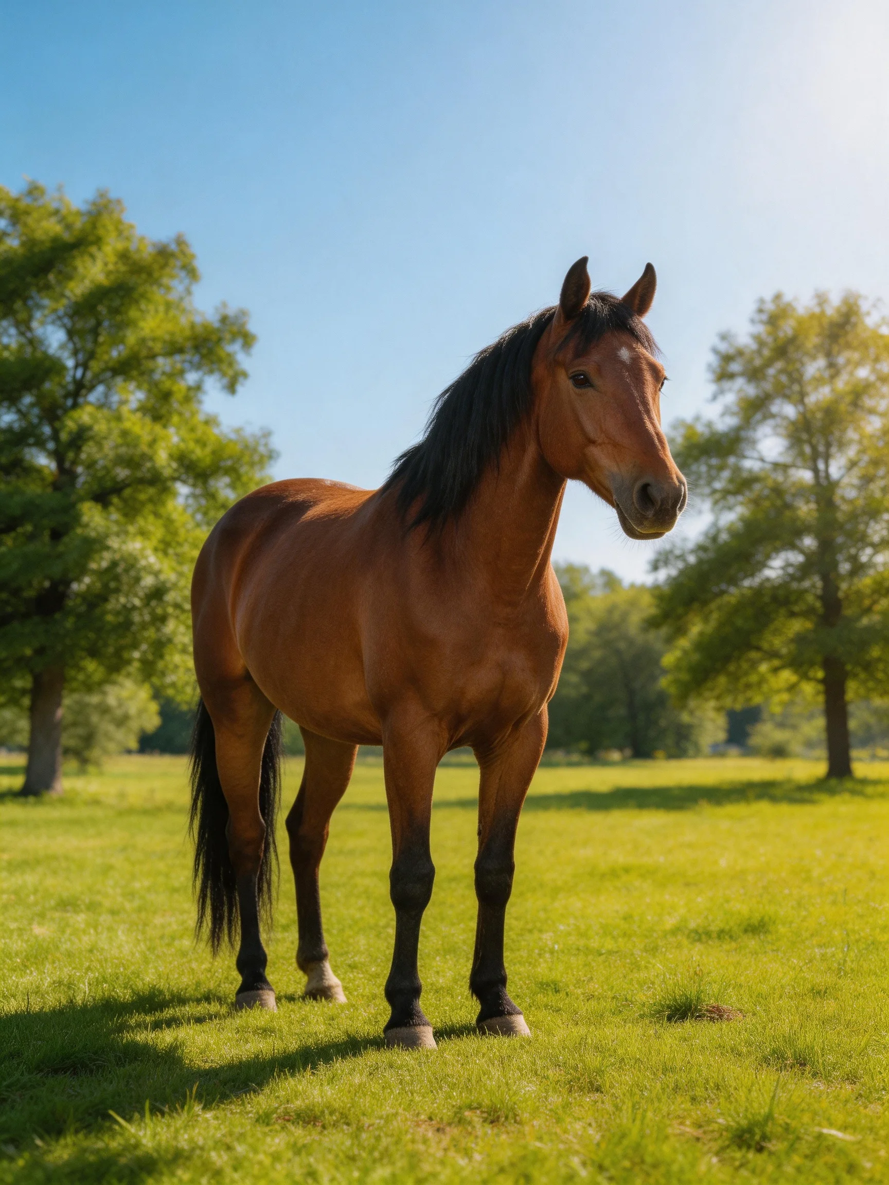 A chestnut horse stands in a lush green meadow with tall trees