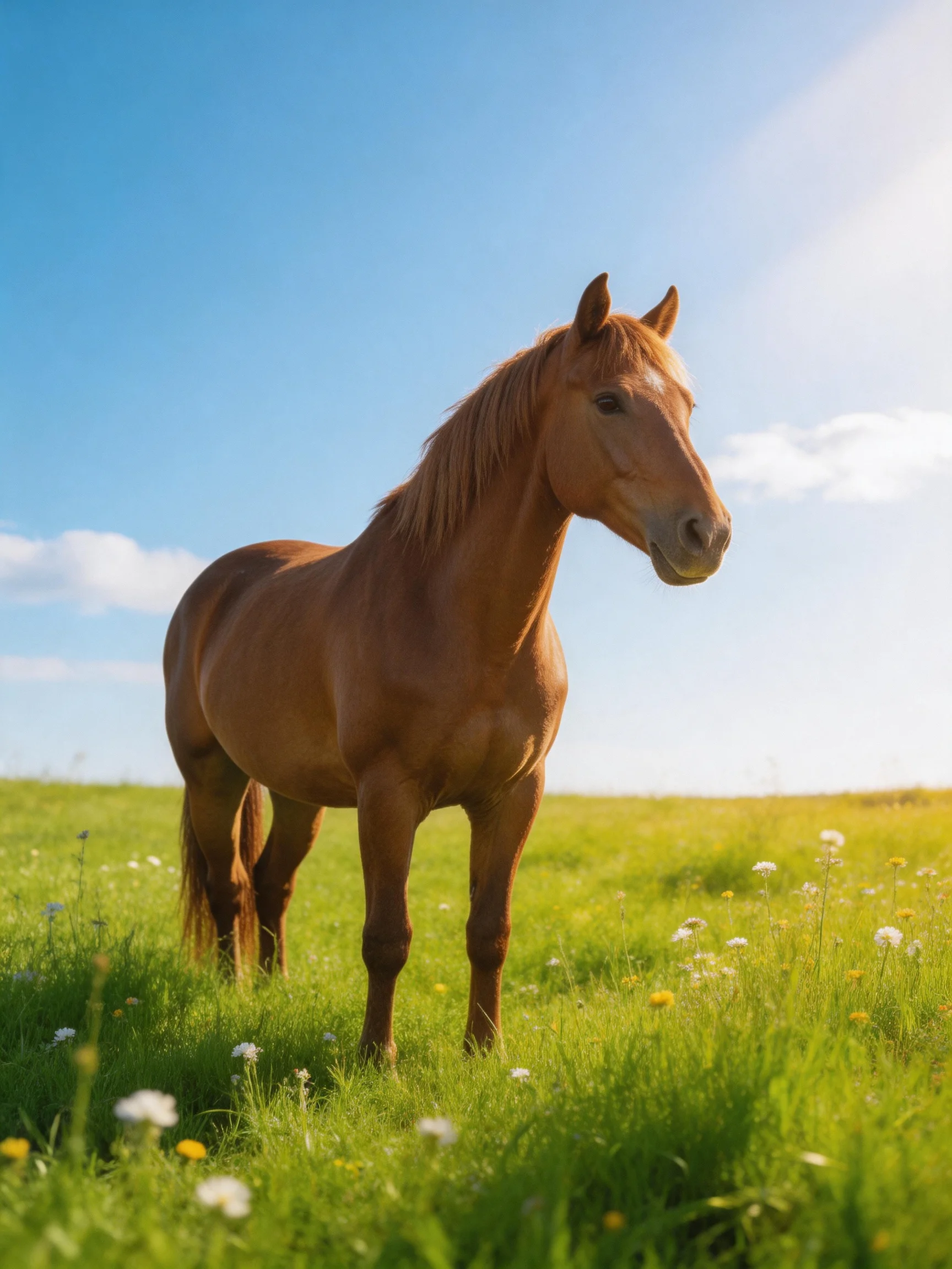 A chestnut horse stands in a sunlit meadow with wildflowers.