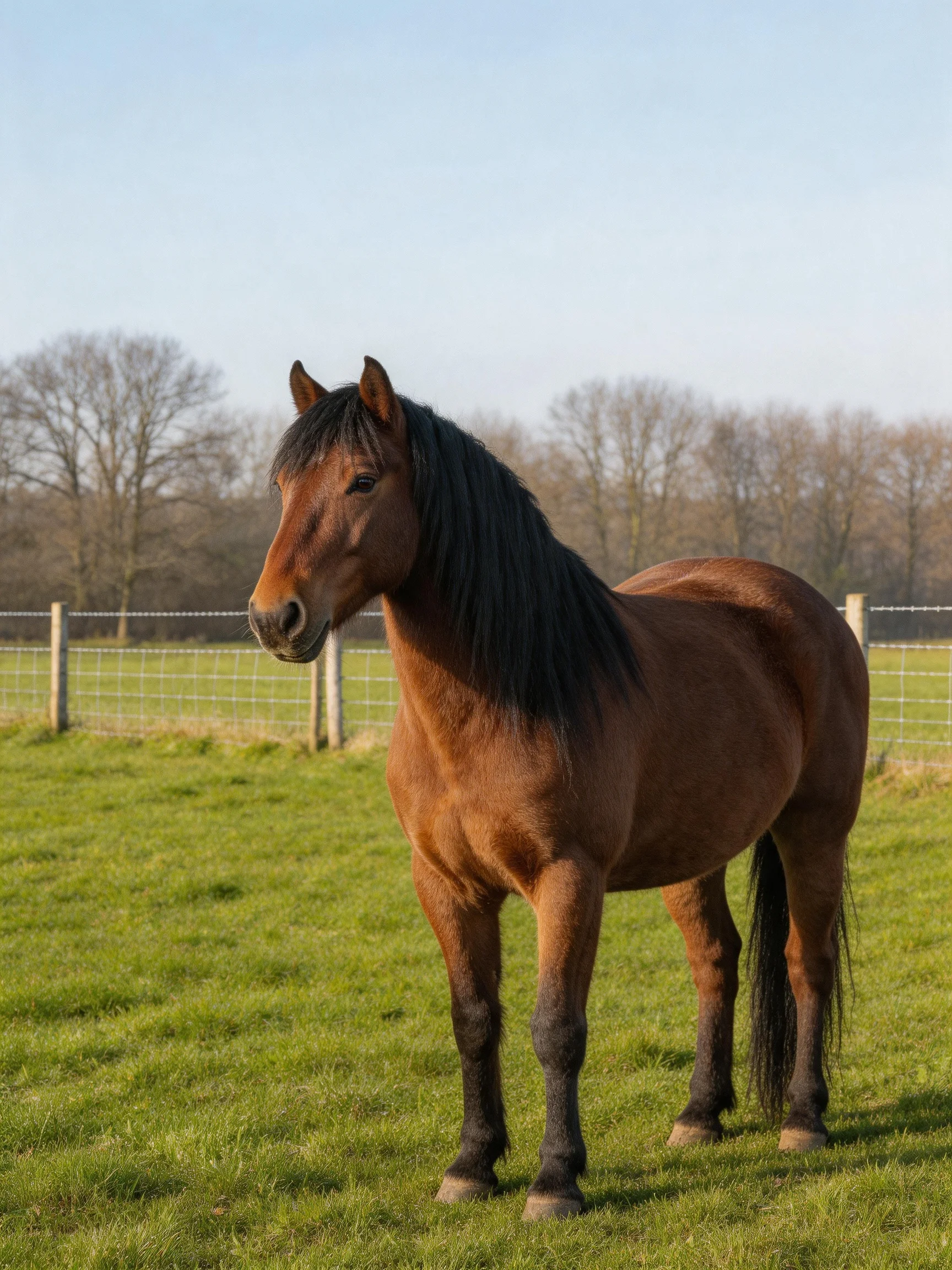 A chestnut horse stands calmly in a grassy field bordered by a fence
