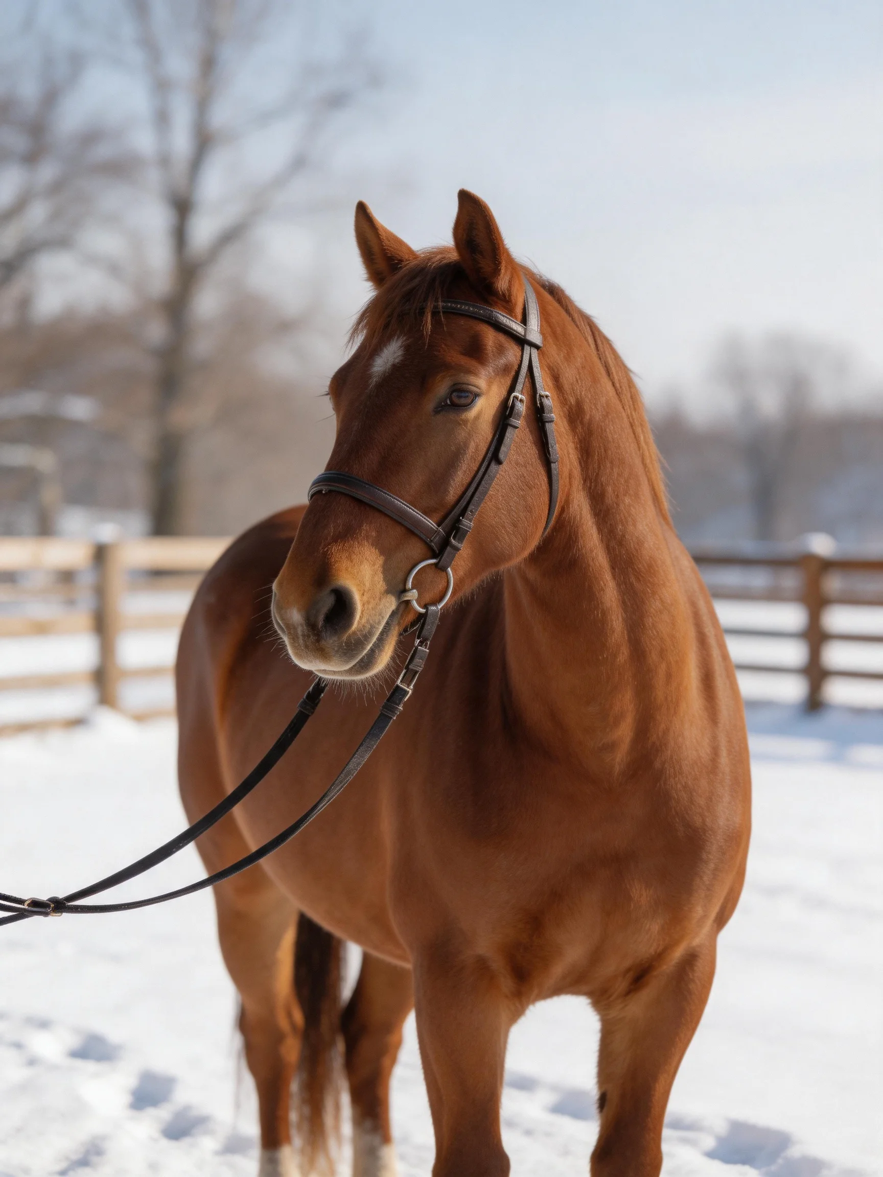 A chestnut horse stands in a snowy fenced paddock