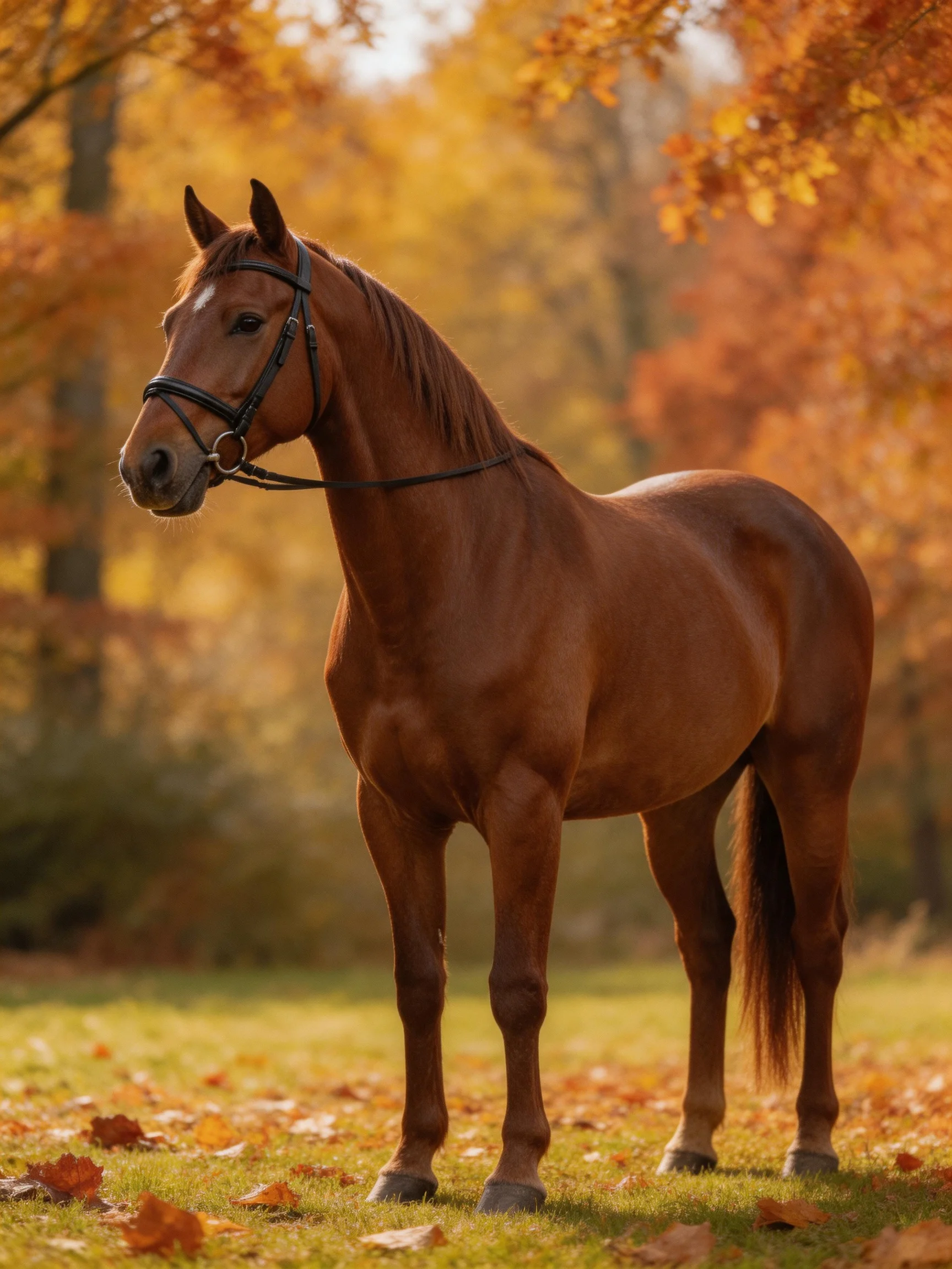 A chestnut horse stands in a sun-dappled autumn meadow with colorful trees