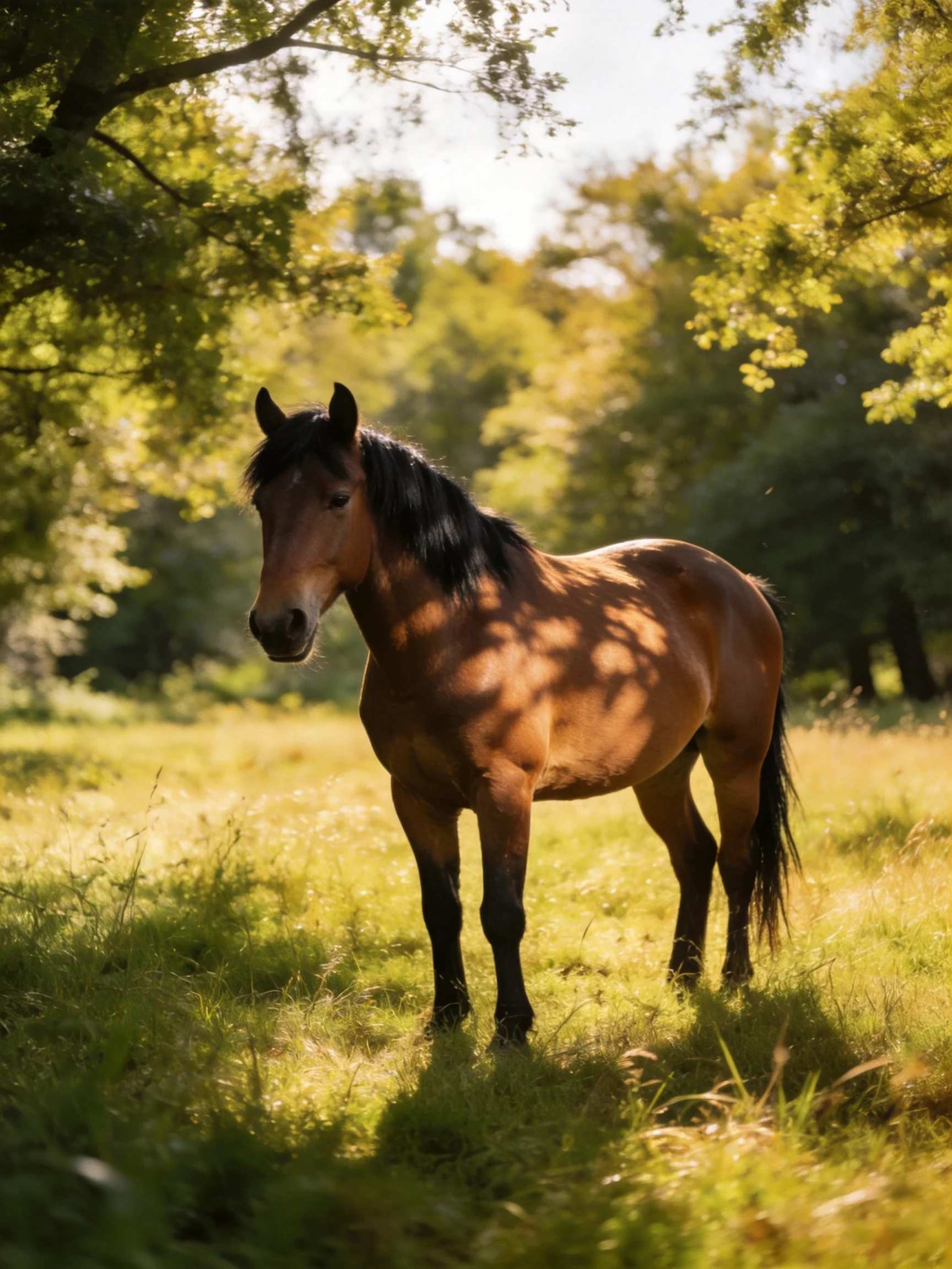 A chestnut horse stands in a sun-dappled forest clearing