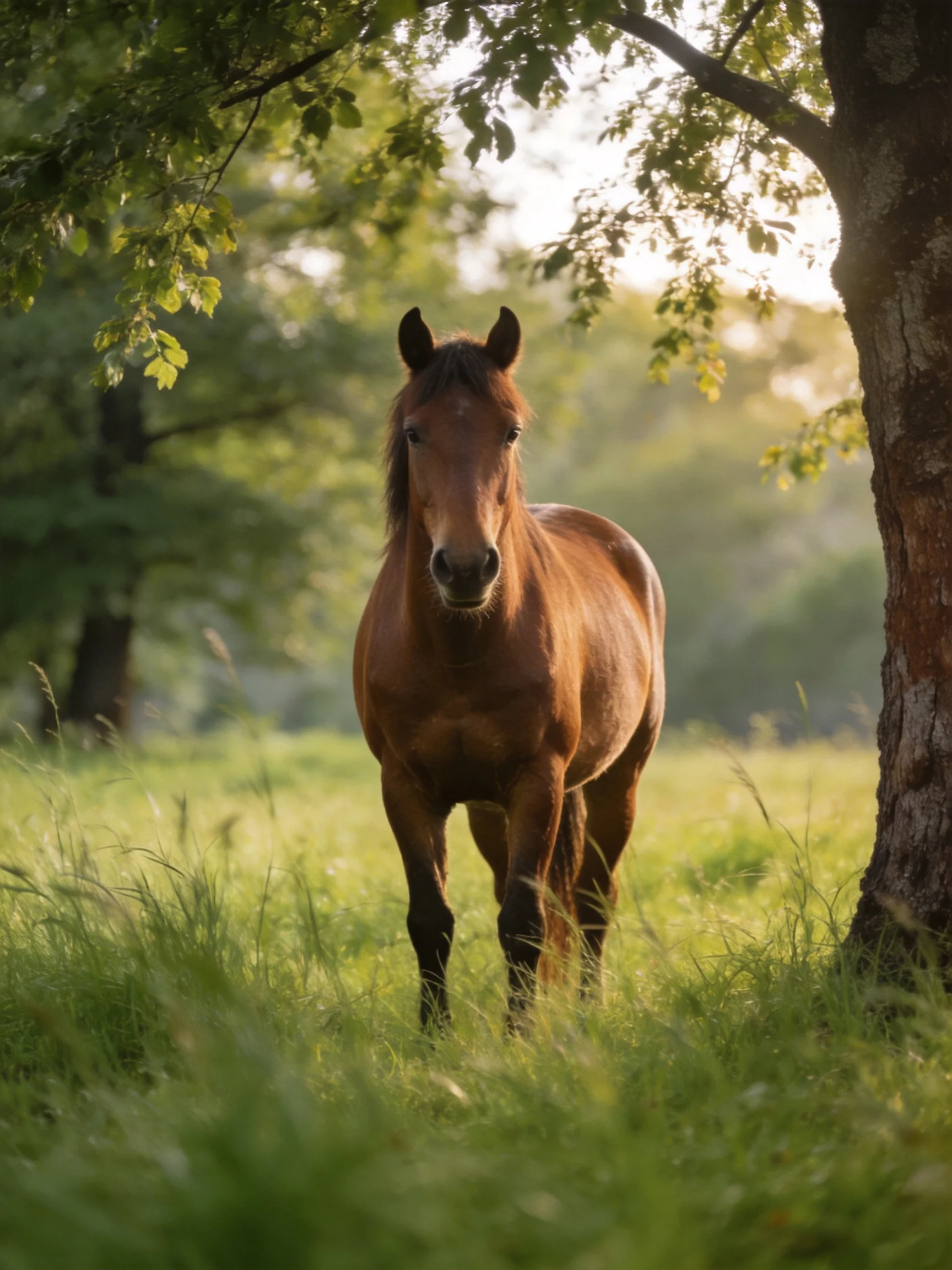 A chestnut horse stands in a sun-dappled grassy clearing beside trees