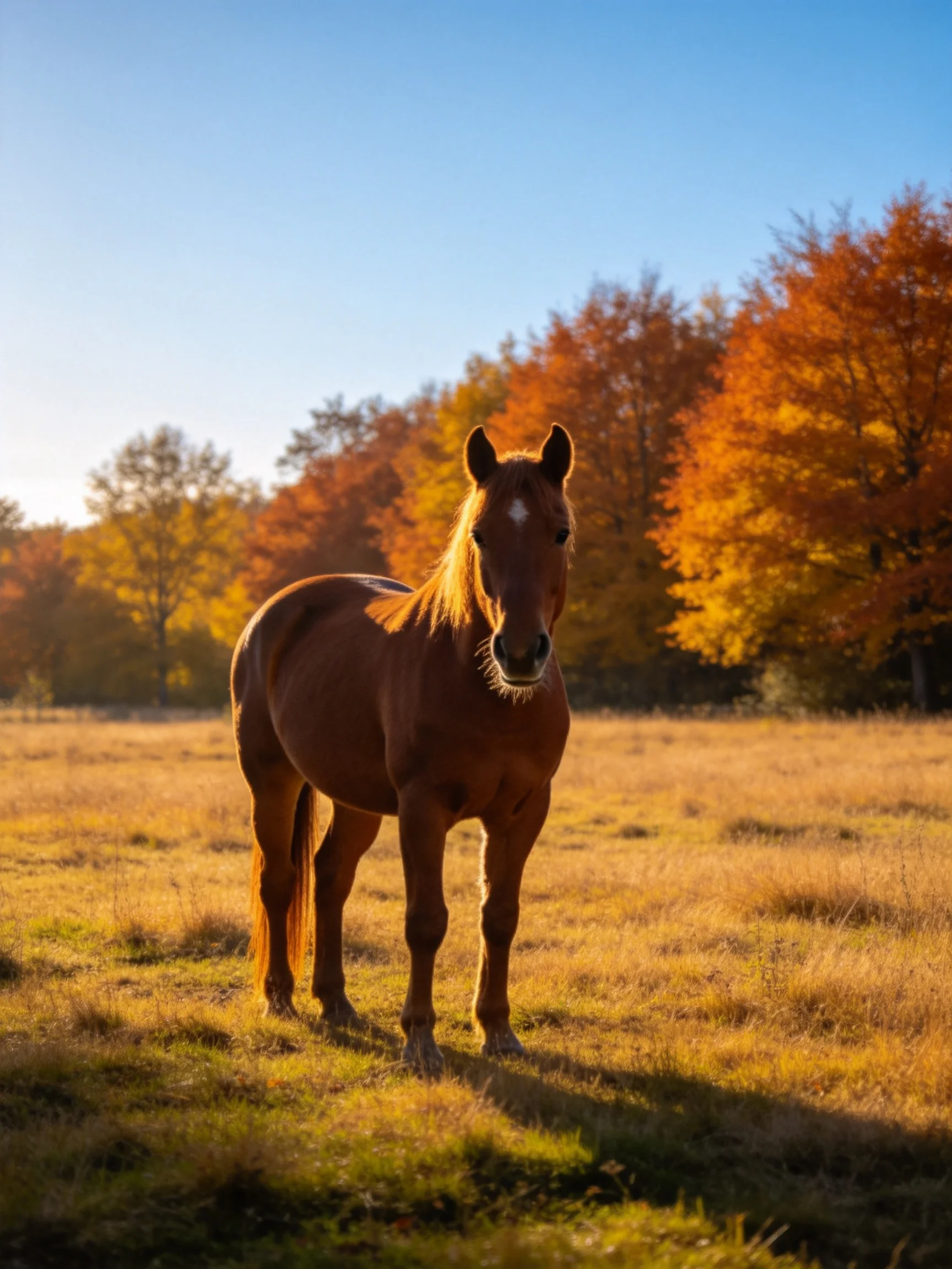 A chestnut horse stands in a sun-drenched autumn meadow with golden fields and orange foliage