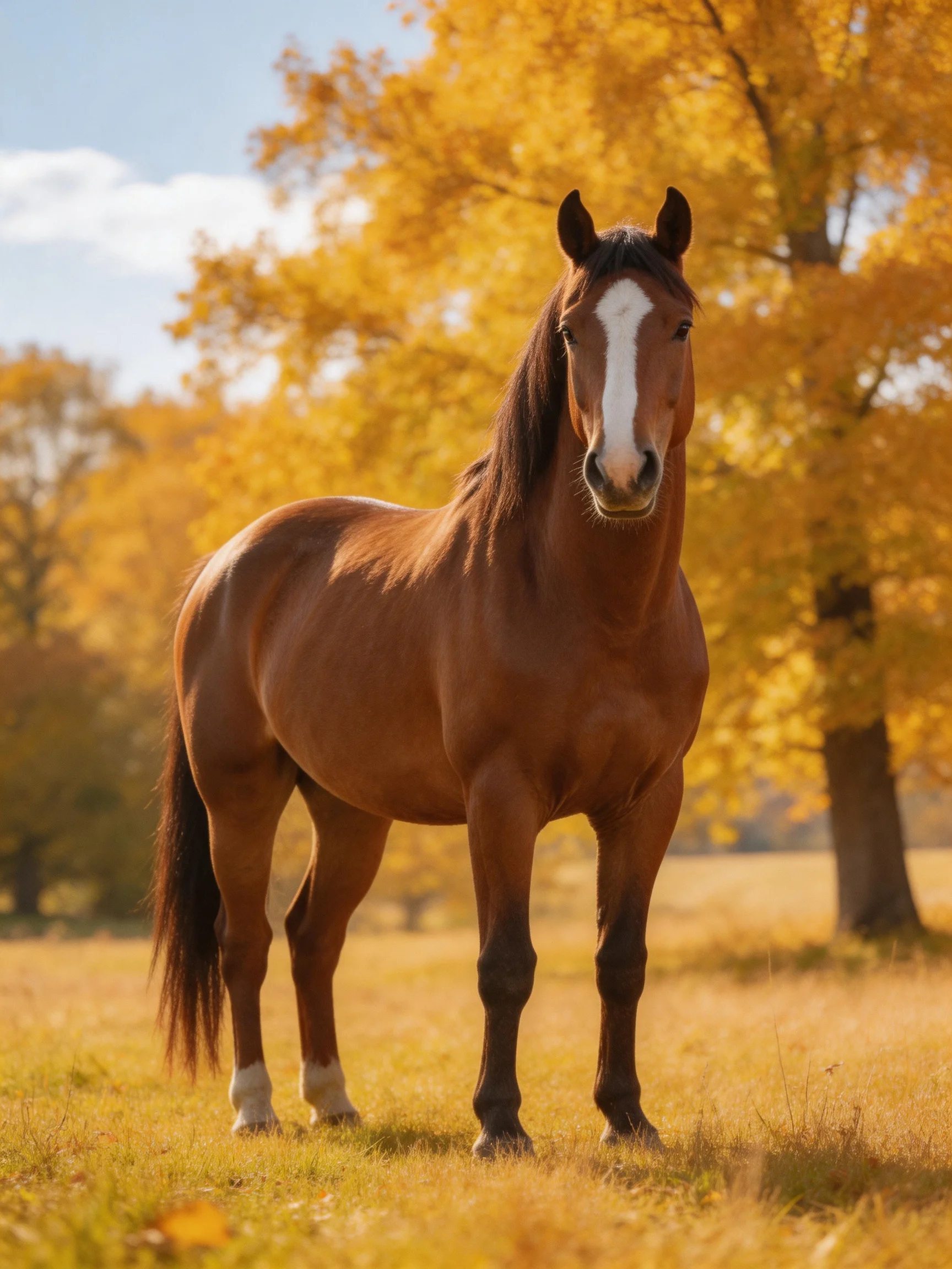A chestnut horse stands in a sun-drenched autumn meadow with golden foliage