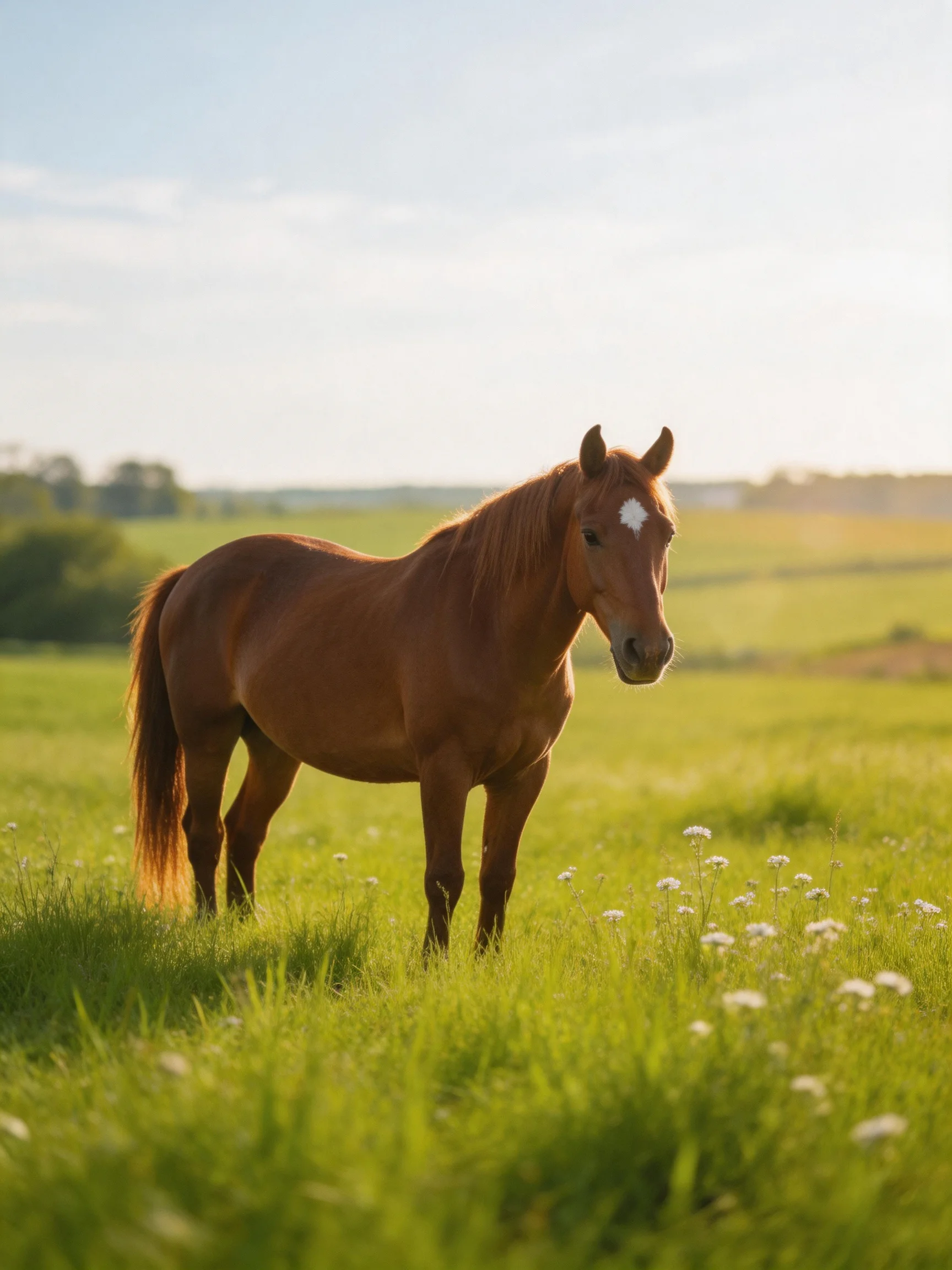 A chestnut horse stands in a sun-drenched green meadow with white wildflowers