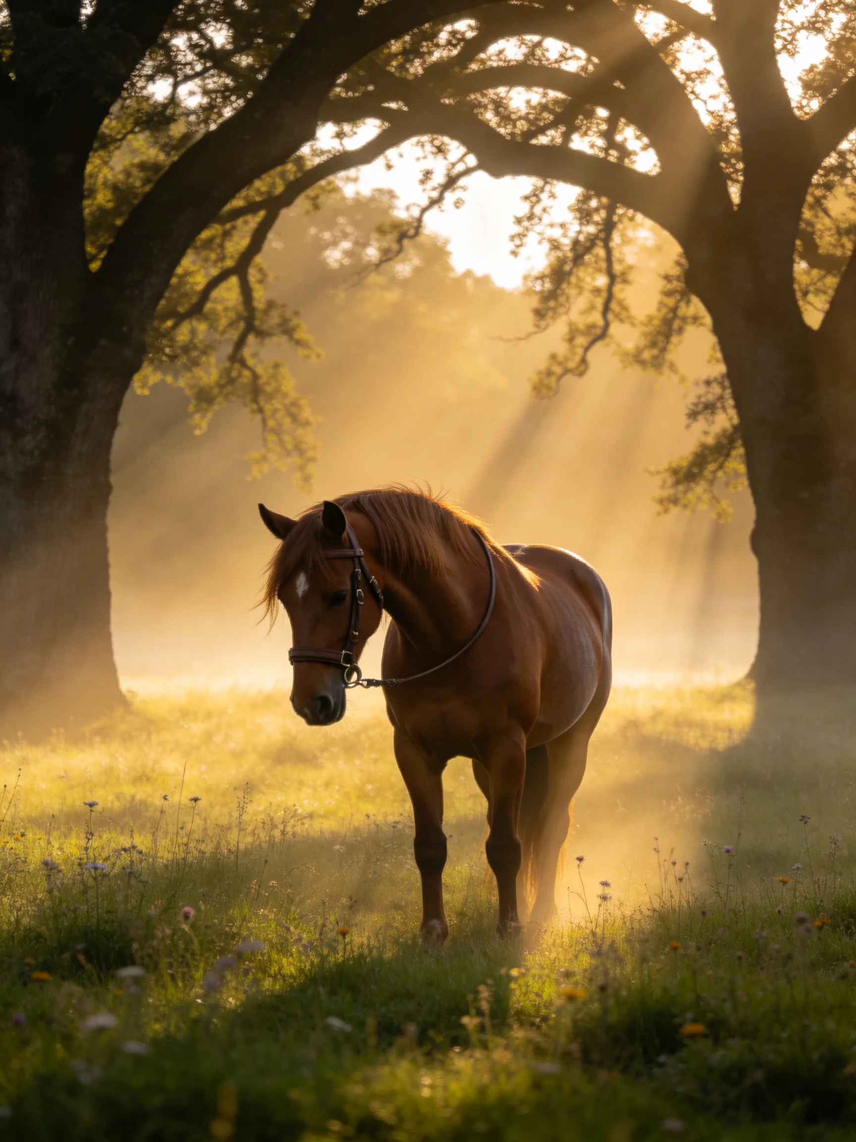 A chestnut horse stands in a sun-drenched meadow with ancient oak trees