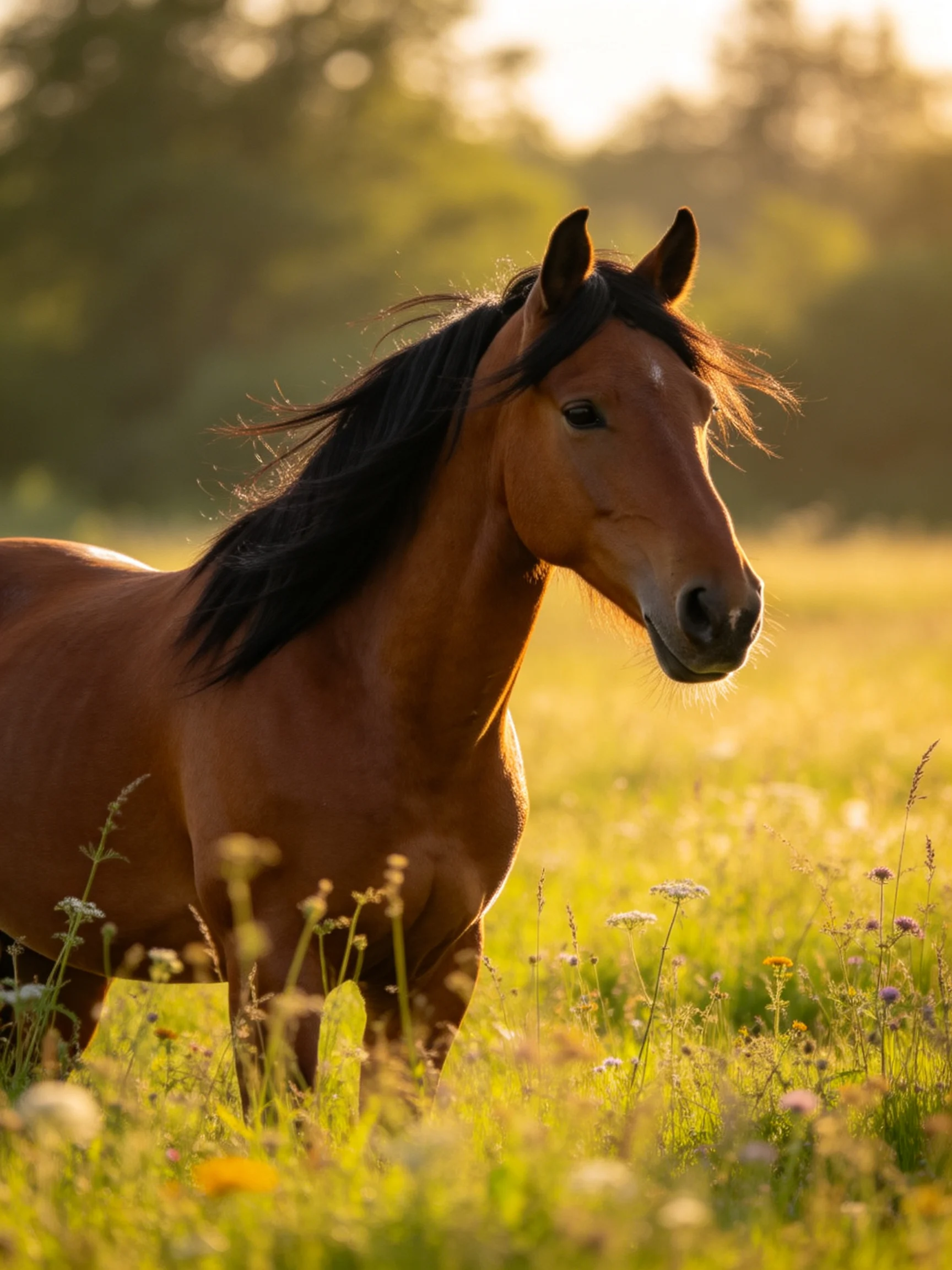 A chestnut horse stands in a sun-drenched wildflower meadow