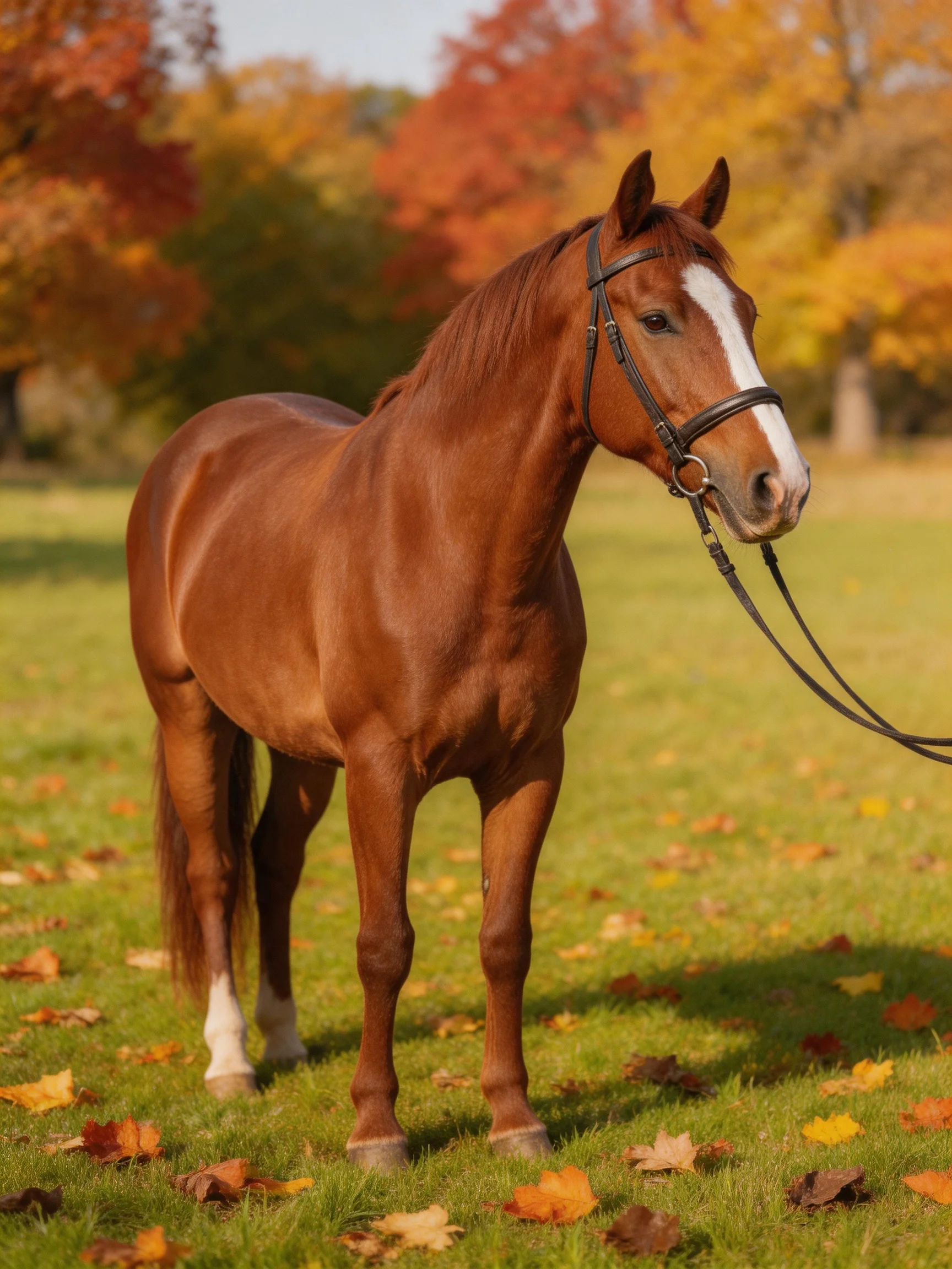 A chestnut horse stands calmly in a sunlit autumn field.