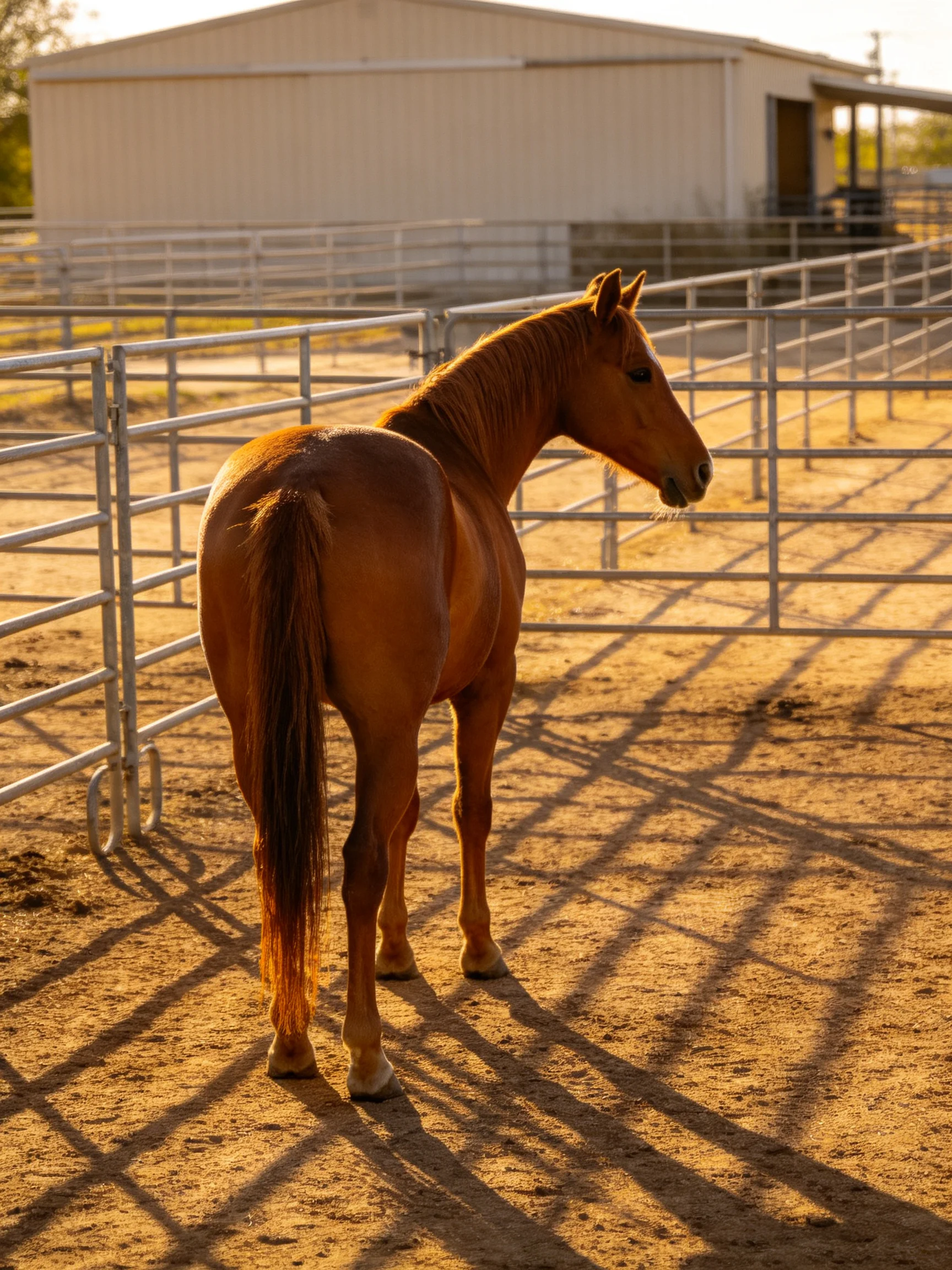 A chestnut horse stands in a sunlit fenced enclosure near a barn.
