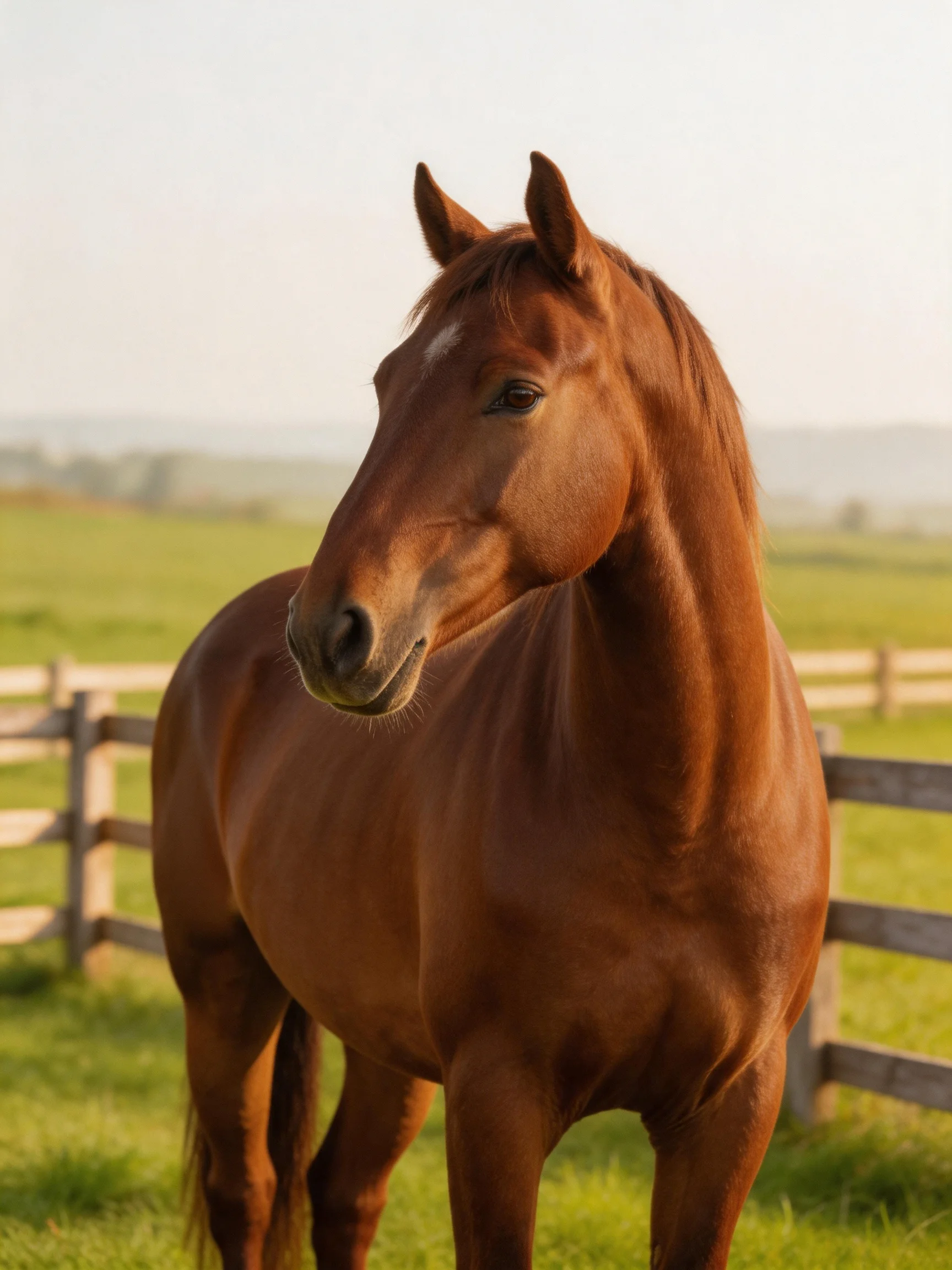 A chestnut horse stands in a sunlit fenced area.