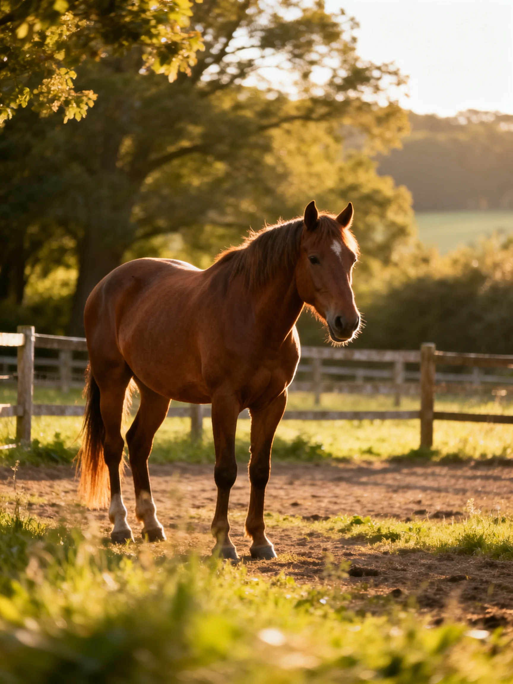 A chestnut horse stands in a sunlit fenced area.