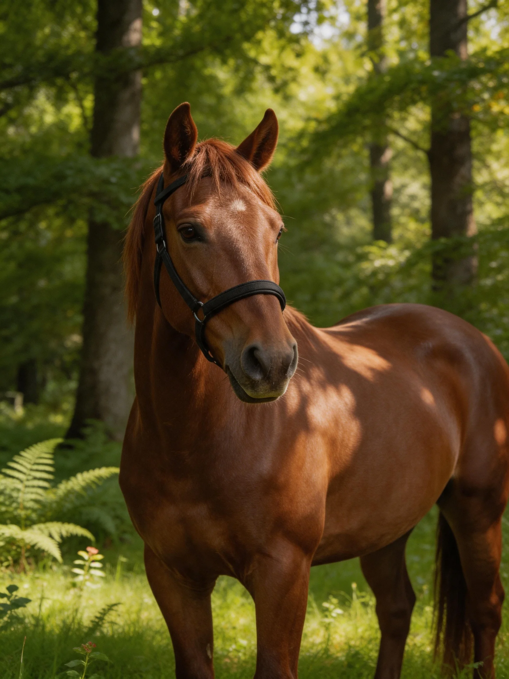 A chestnut horse stands peacefully in a sunlit forest.