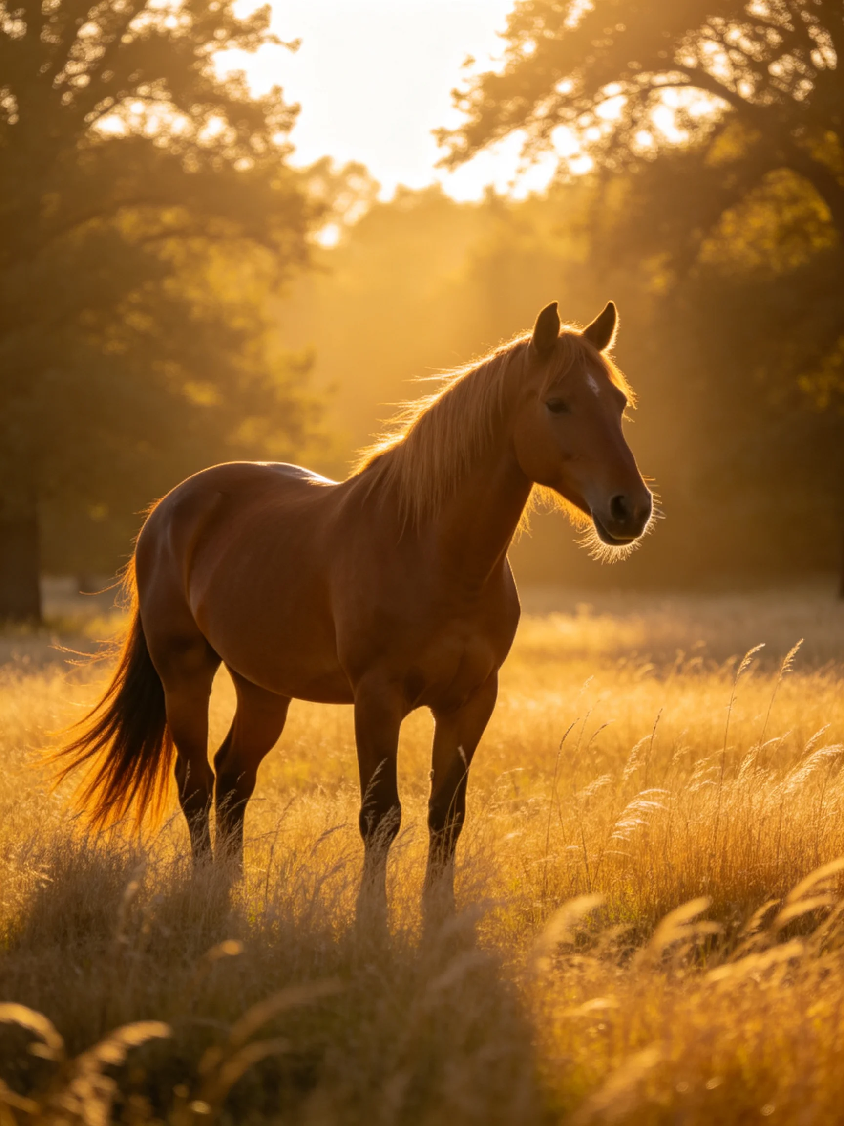 A chestnut horse stands in a sunlit golden meadow near trees