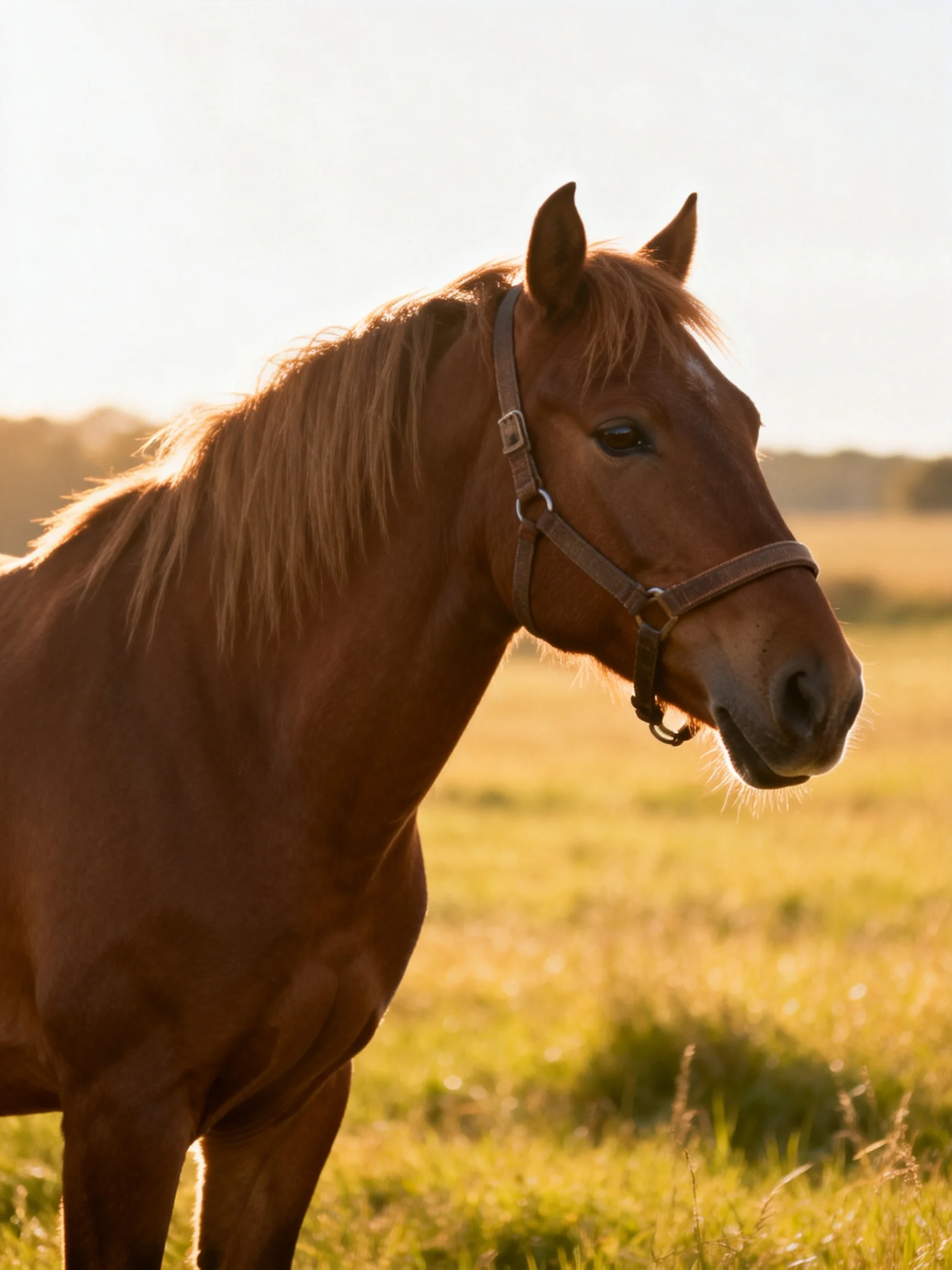 A chestnut horse stands calmly in a sunlit open meadow.