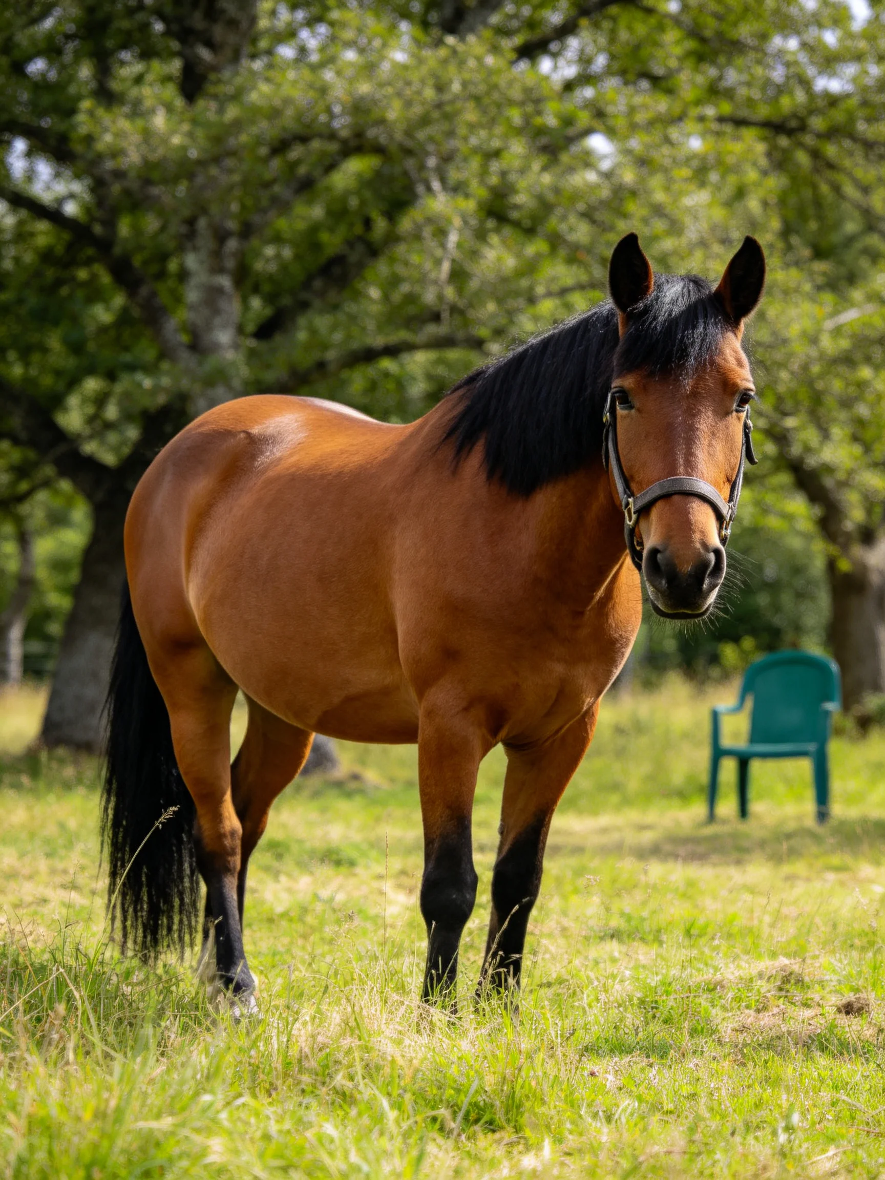 A chestnut horse stands in a grassy field near large trees.