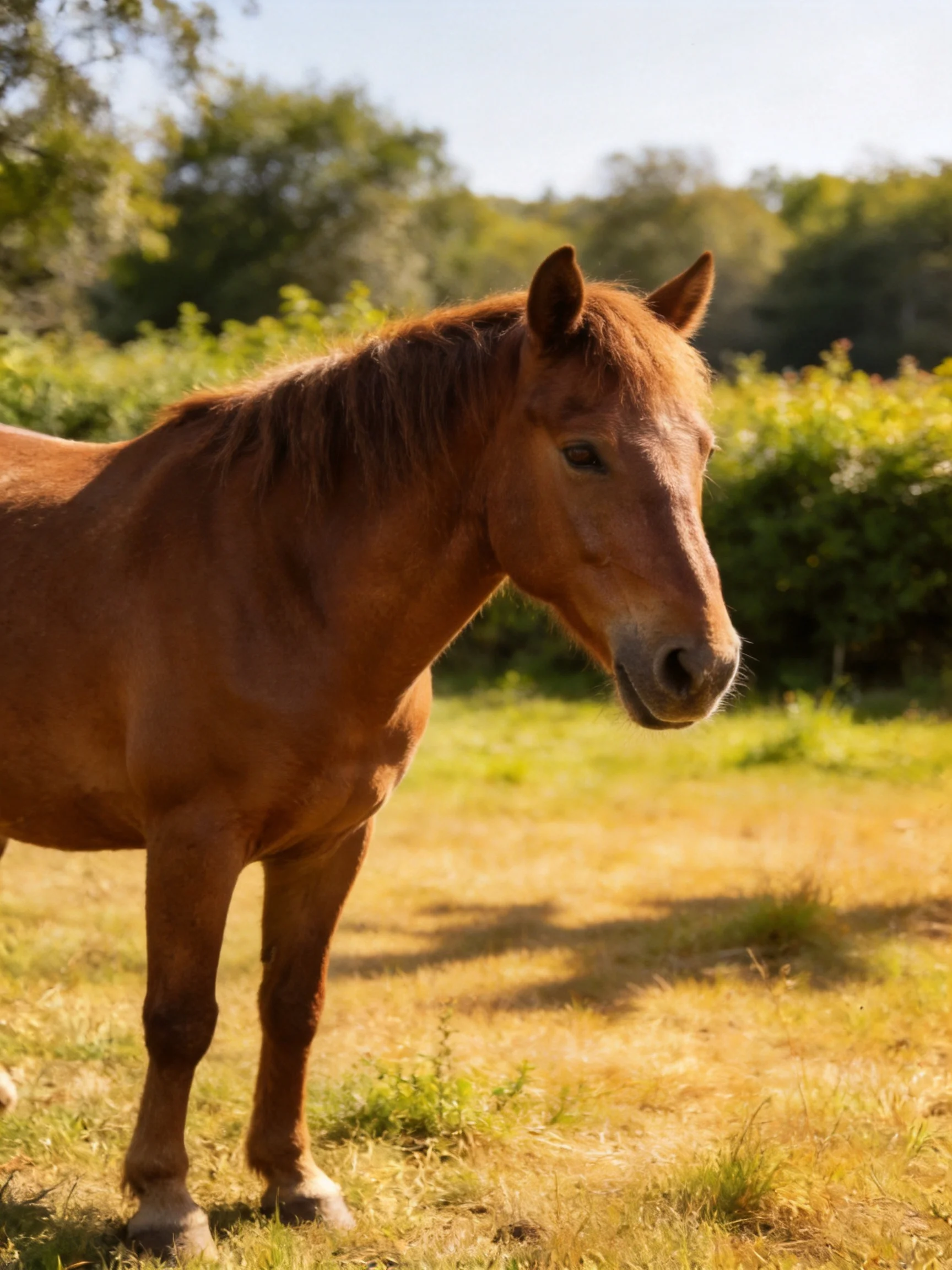 A chestnut horse stands in a sunlit grassy area with trees nearby.
