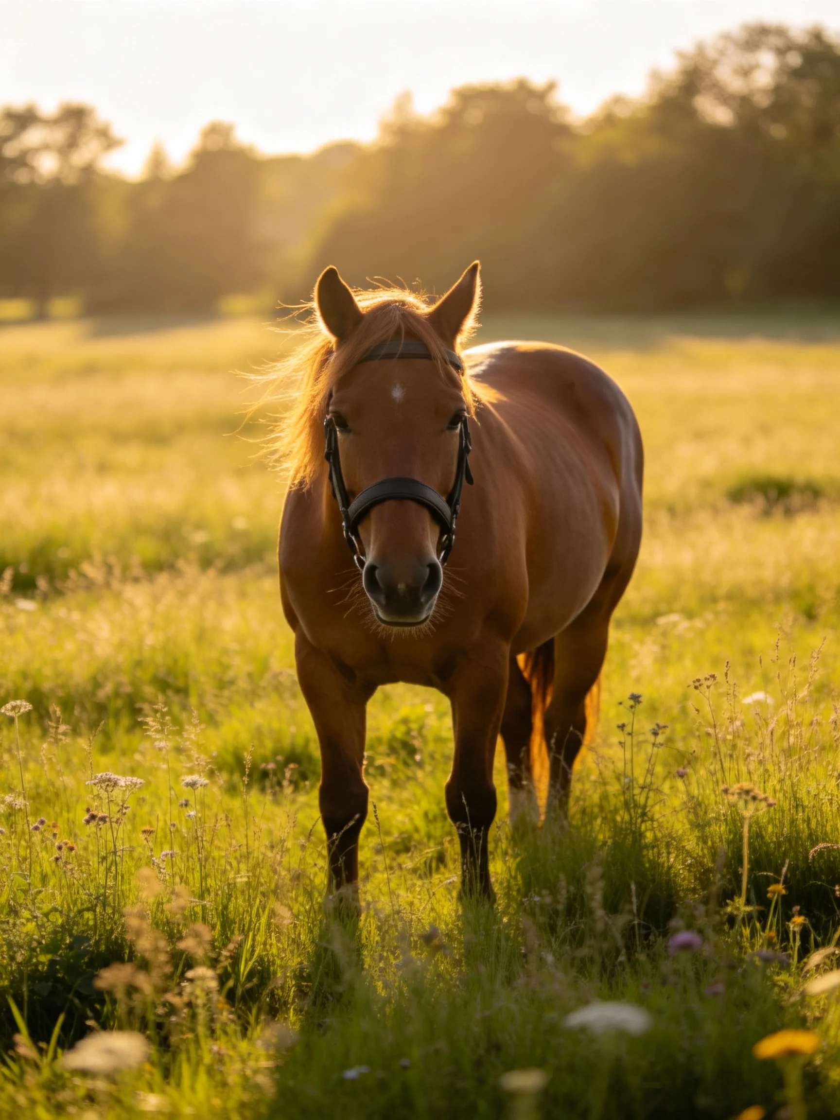 A chestnut horse stands in a sunlit meadow with tall grasses.
