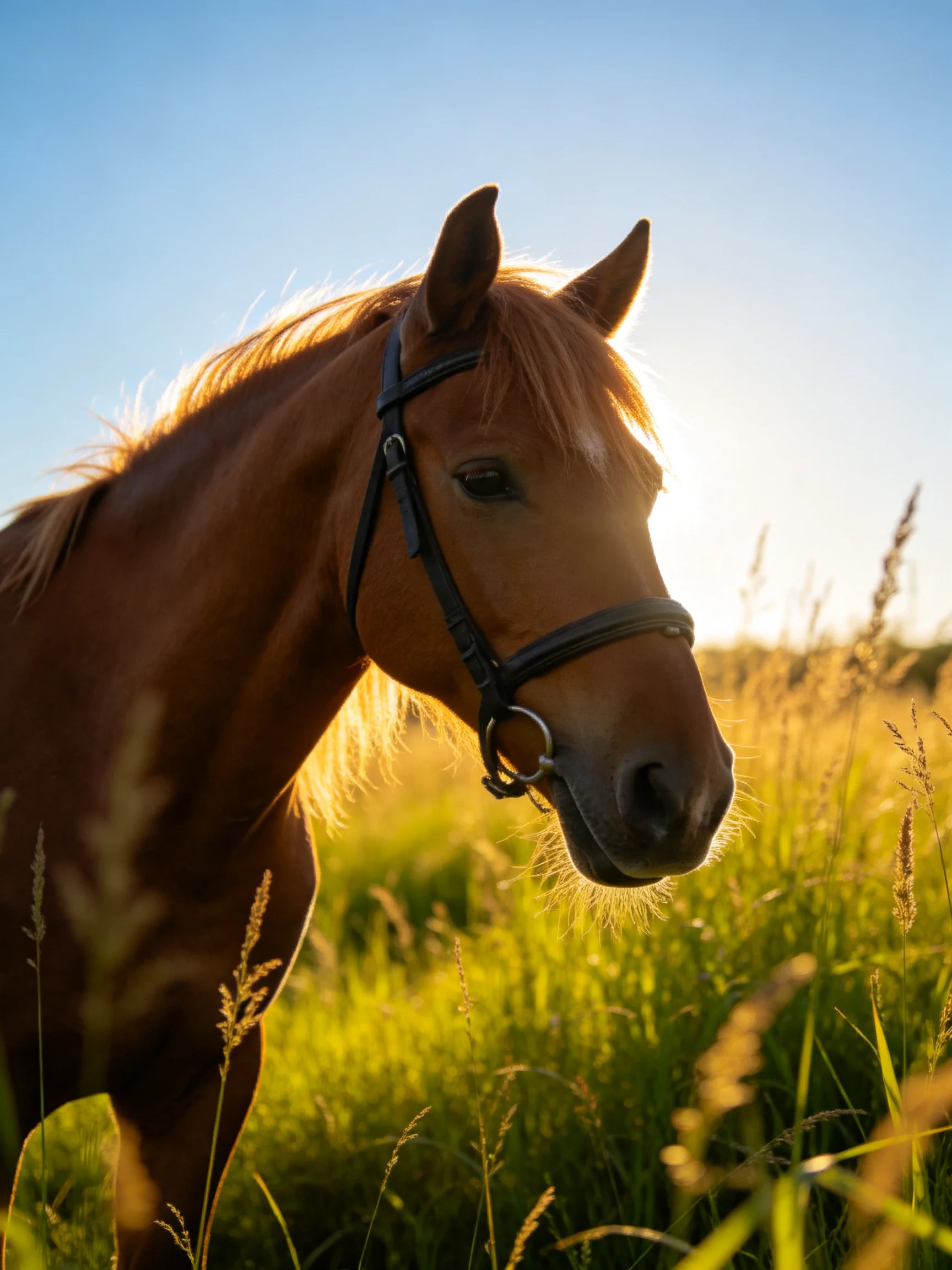 A chestnut horse stands among tall grass in a sunlit meadow