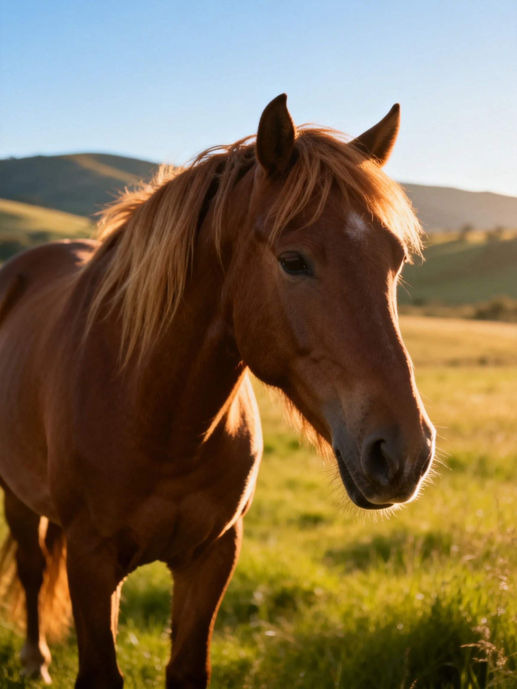 A chestnut horse stands calmly in a sunlit meadow with distant hills.