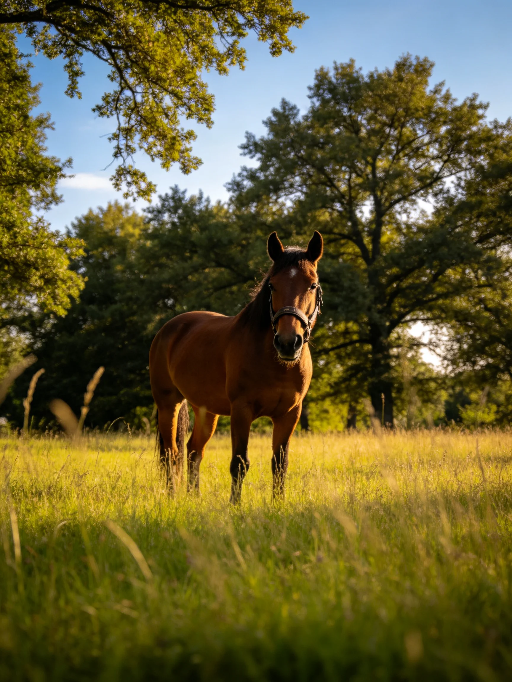 A chestnut horse stands in a sunlit meadow surrounded by trees