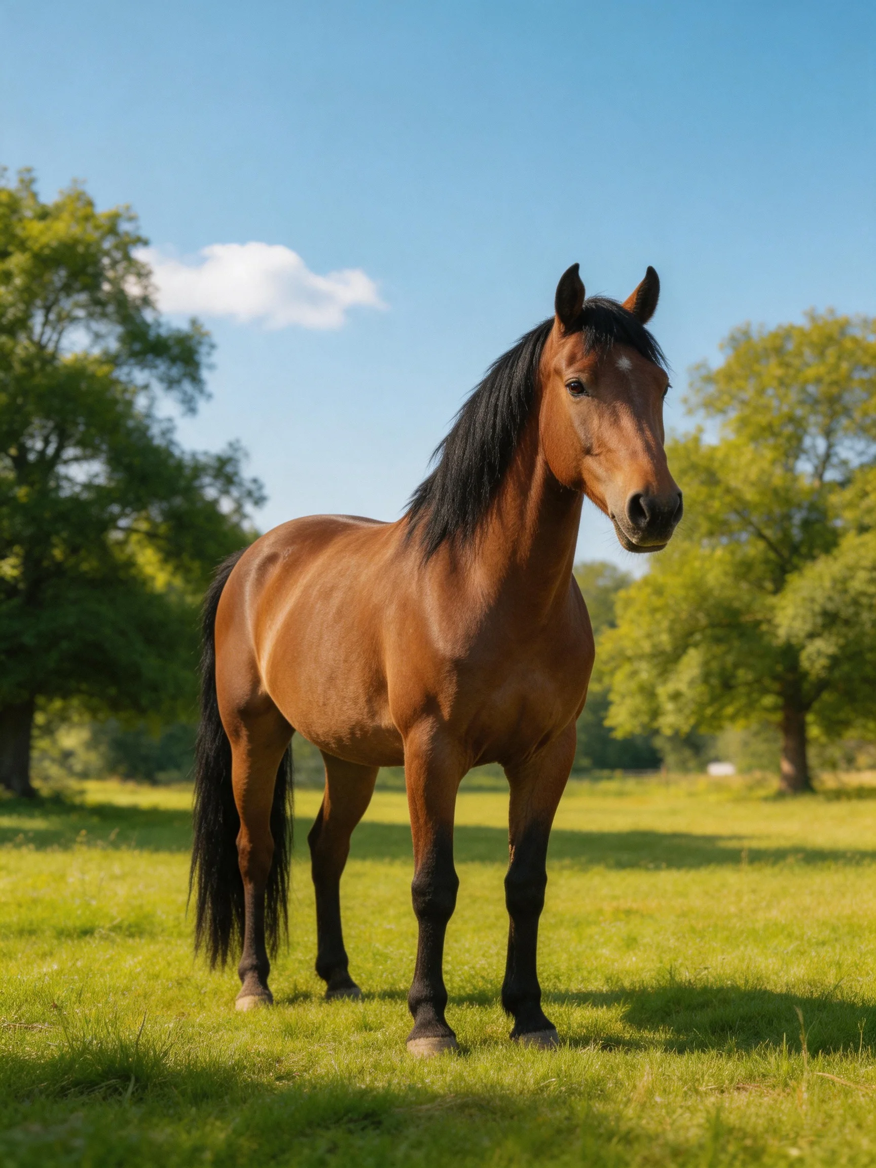 A chestnut horse stands in a sunlit green meadow with trees