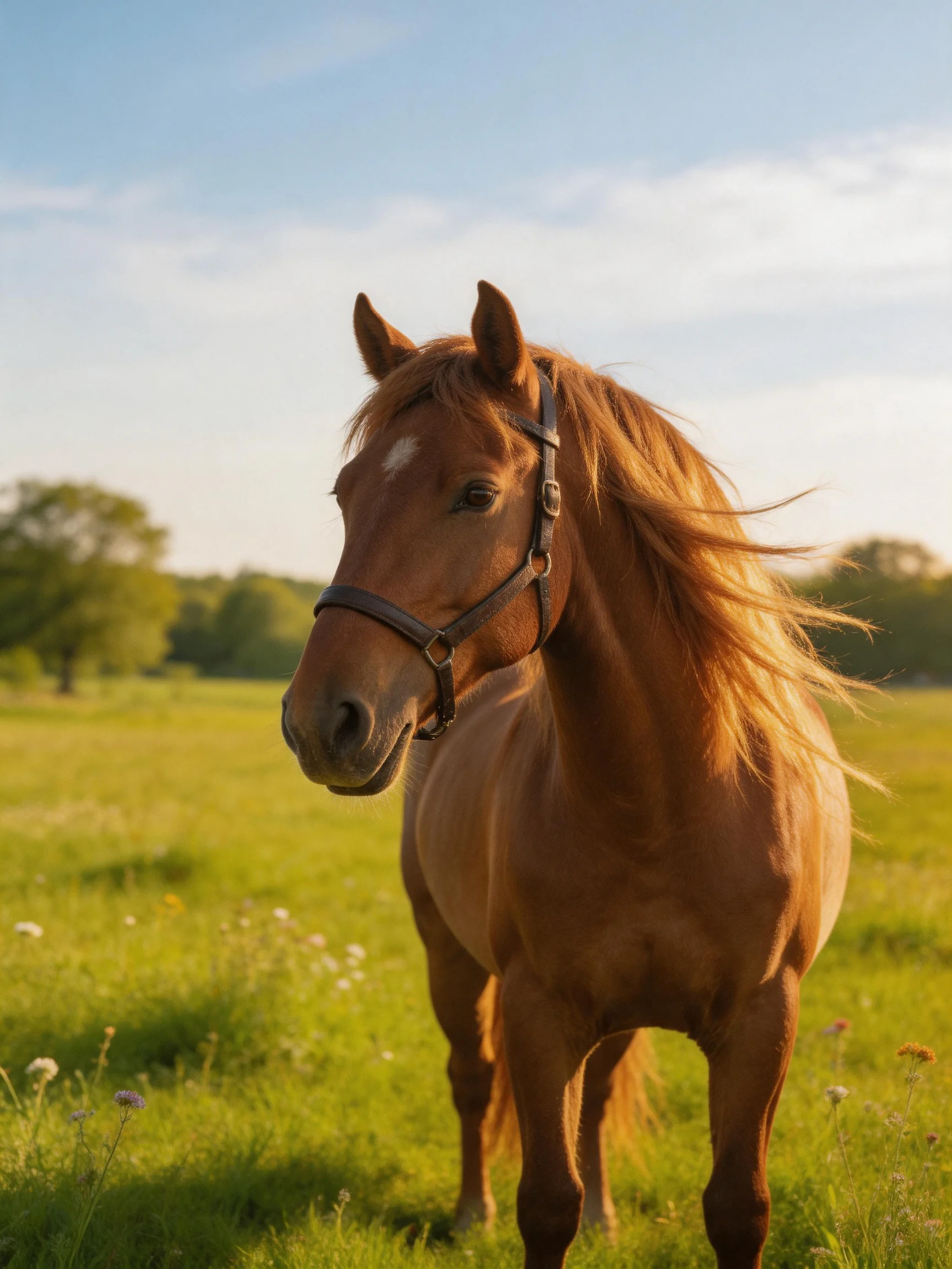 A brown horse stands in a sunlit grassy field.