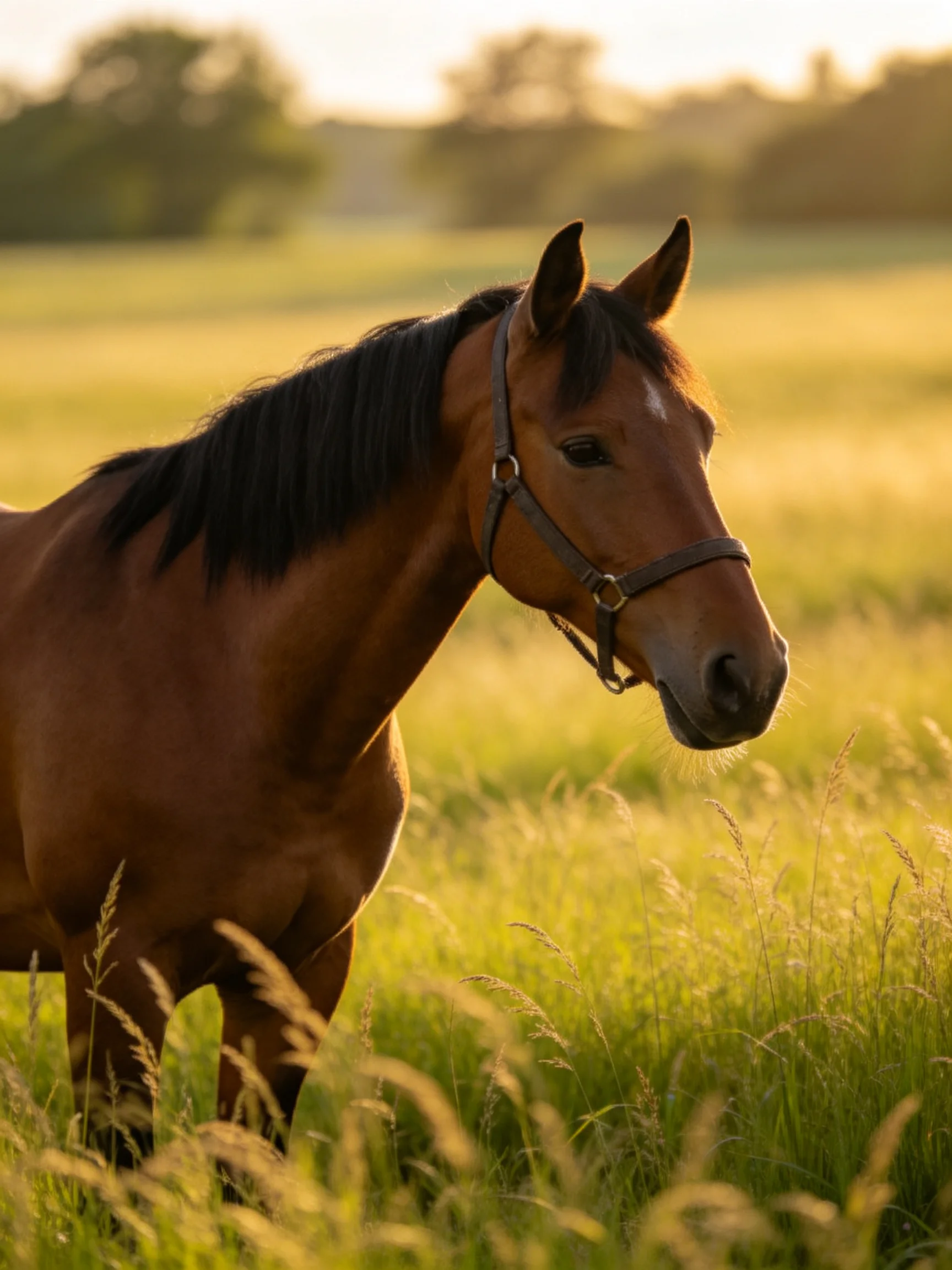 A chestnut horse stands calmly in a sunlit meadow.