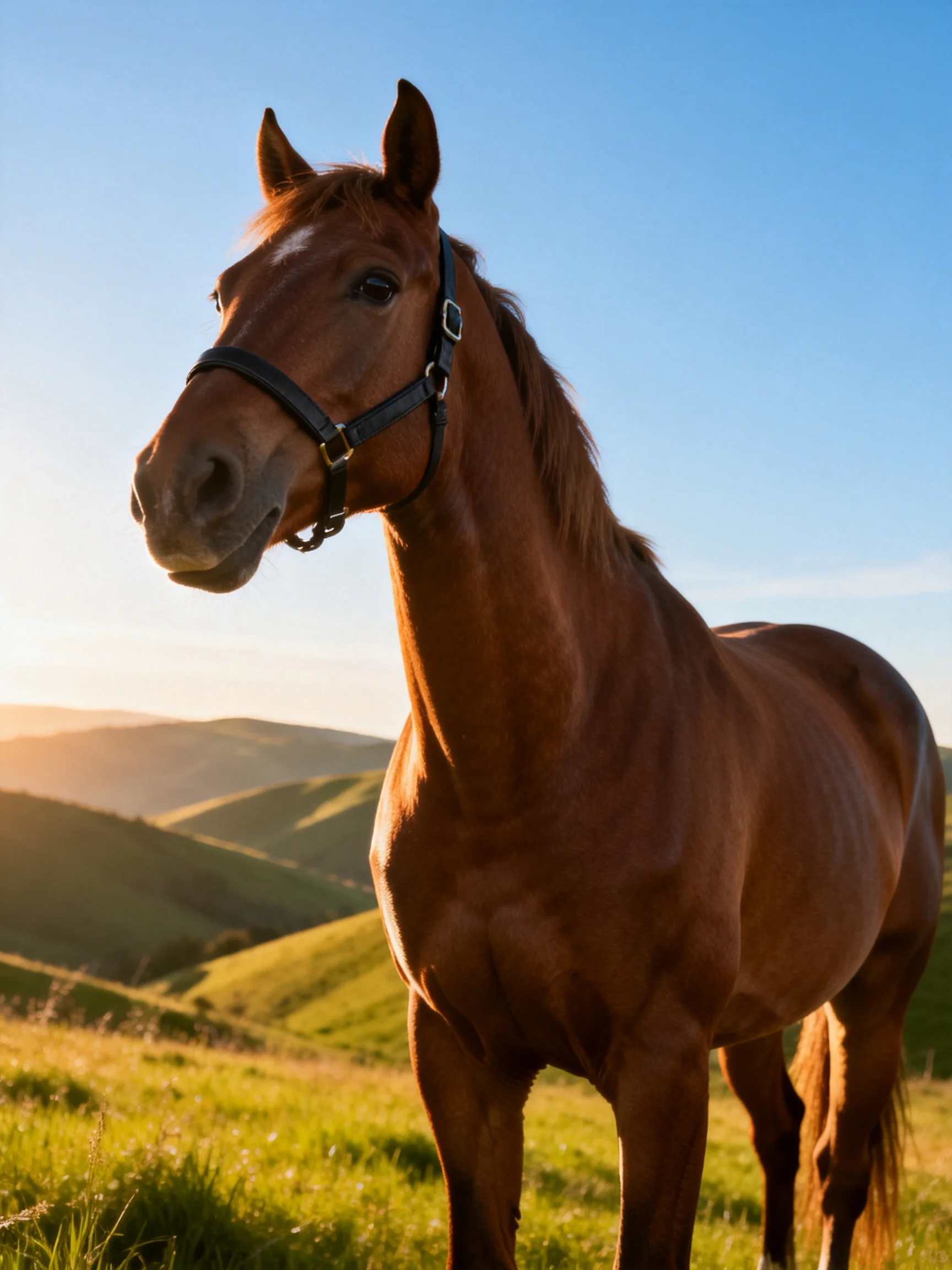A chestnut horse stands in a sunlit meadow with rolling green hills in the background.