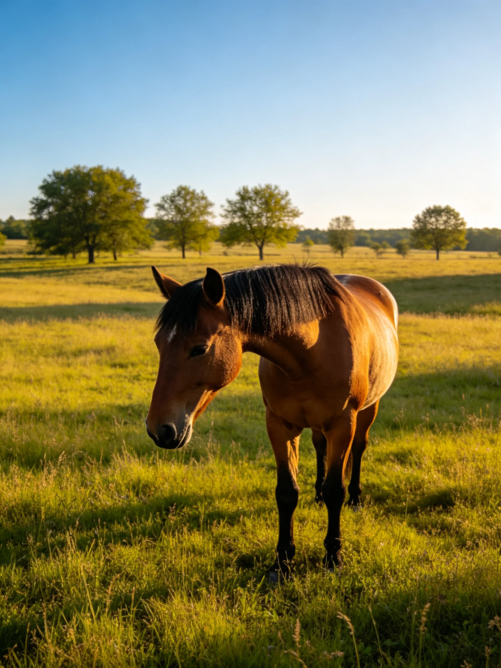 A brown horse stands in a sunlit grassy field near trees.