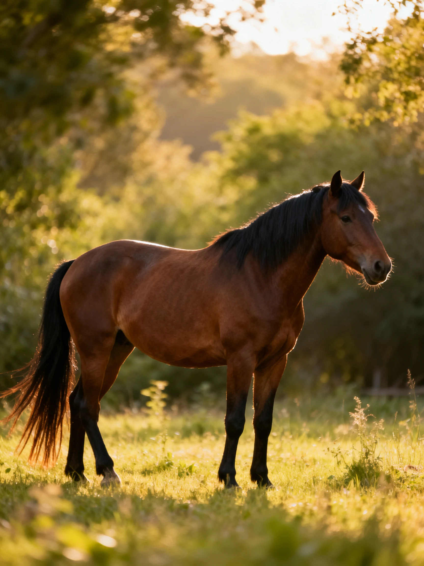 A chestnut horse stands peacefully in a sunlit meadow with trees nearby