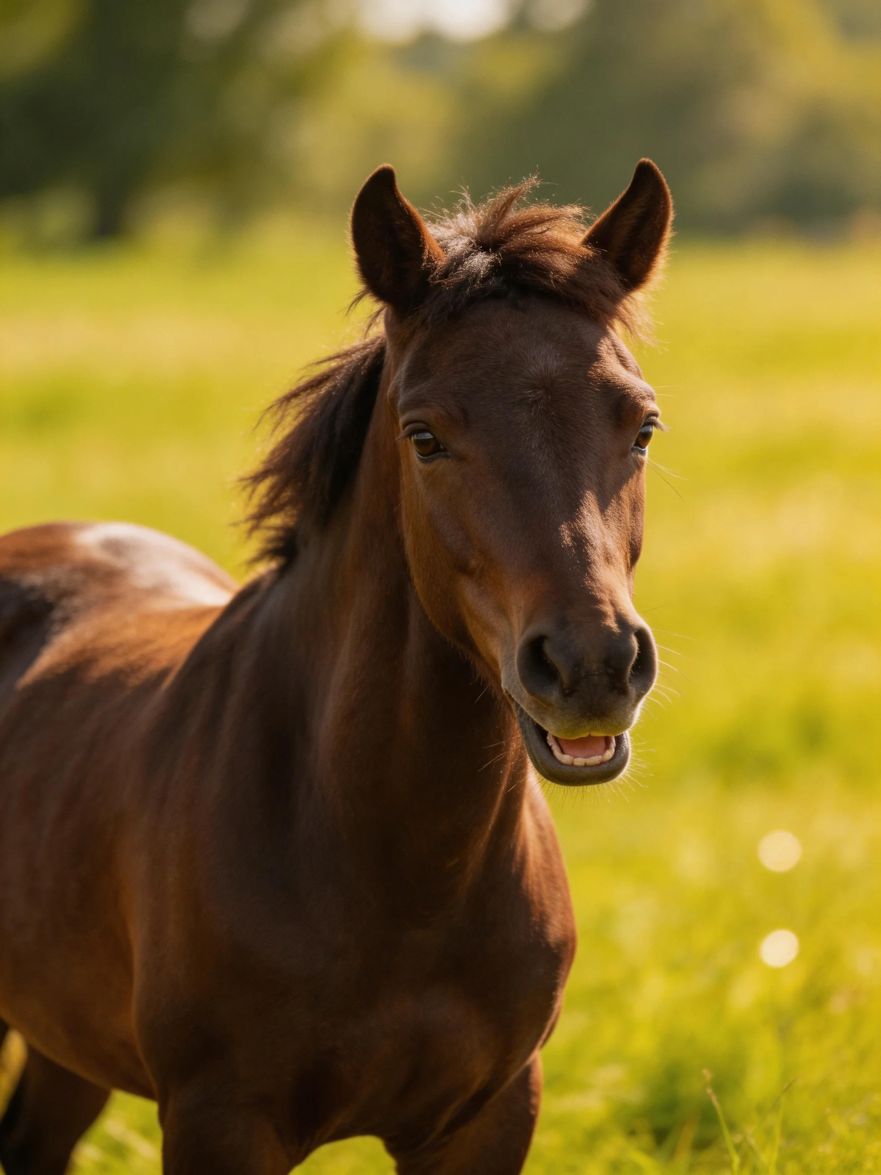 A brown horse is in a sunlit green pasture.
